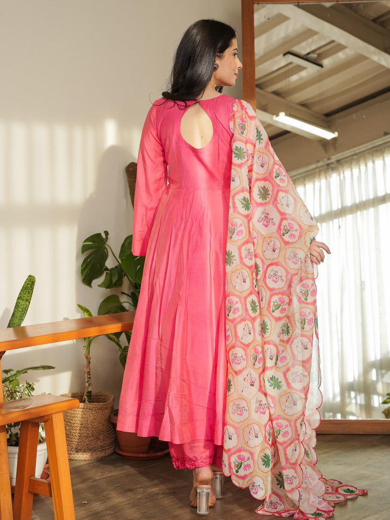 Jaana Pink Chanderi Anarkali Suit with Aari Embroidery & Digital Print Floral Jaal Dupatta