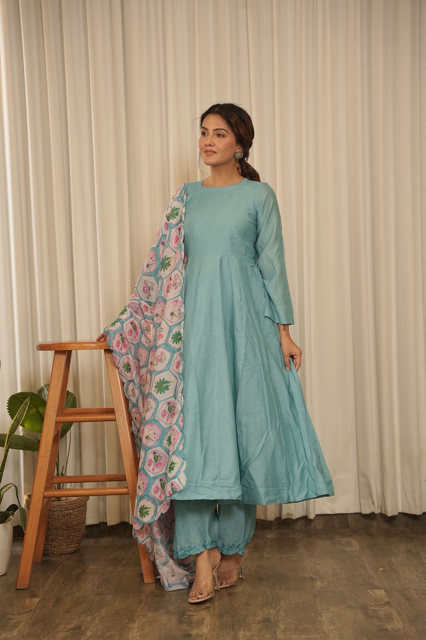 Jaana Pink Chanderi Anarkali Suit with Aari Embroidery & Digital Print Floral Jaal Dupatta