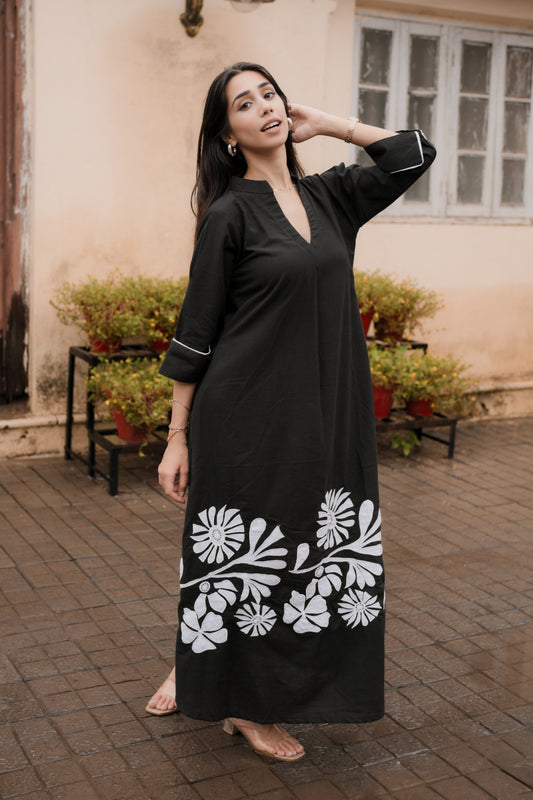 Bold Black Floral Embroidered Shirt Dress