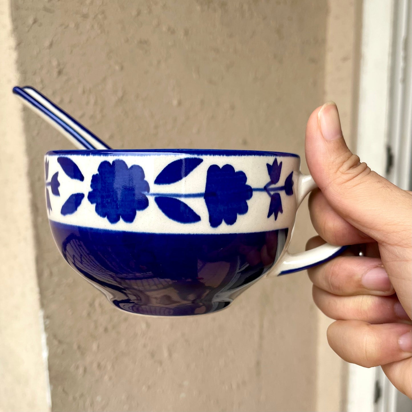 Blue Floral Soup Cup With Spoon