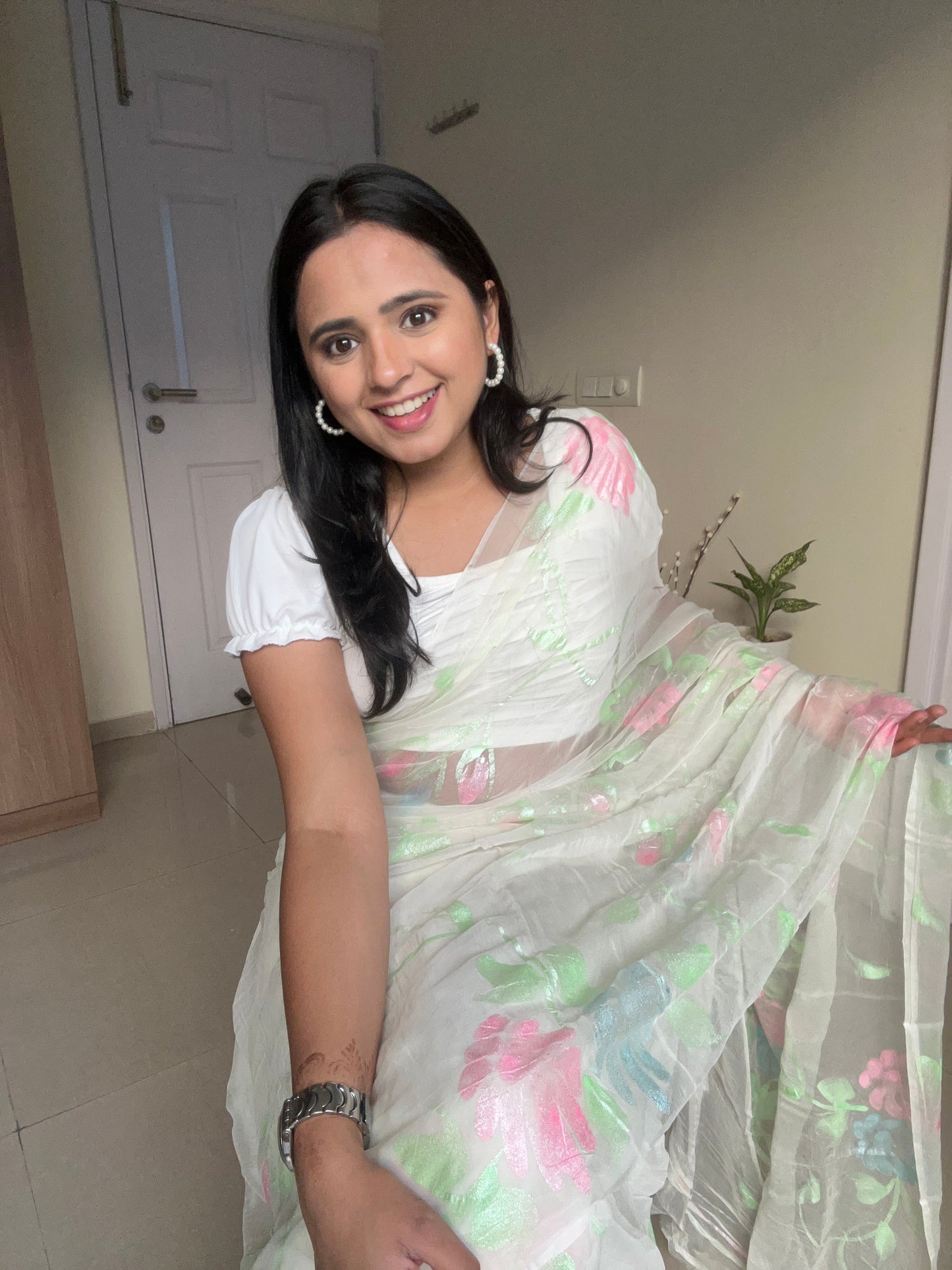 Gulabo - Handpainted Ready To Wear Chiffon Saree