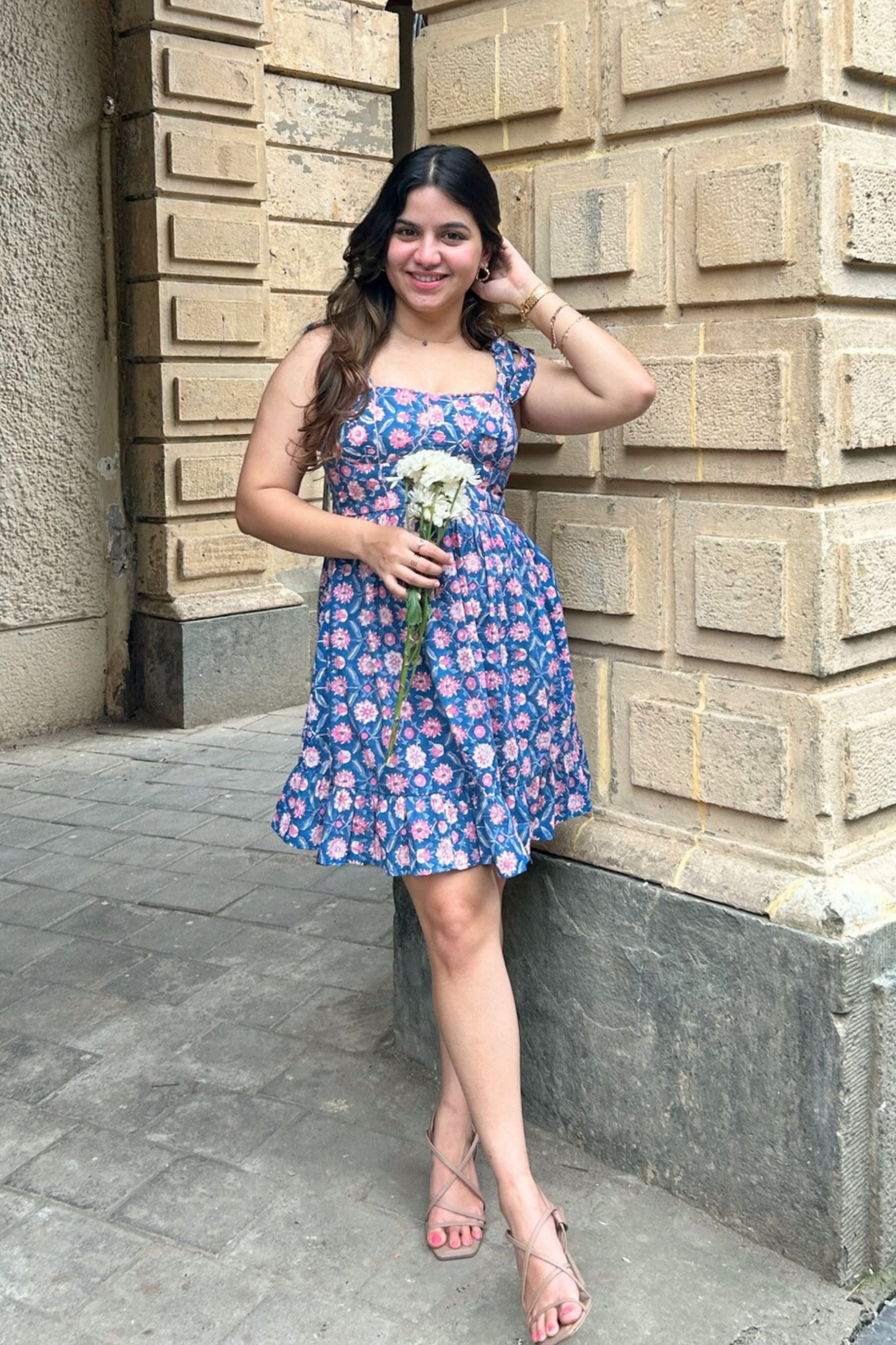 Blue and Pink Floral Hand-printed Corset Short Dress with Pocket