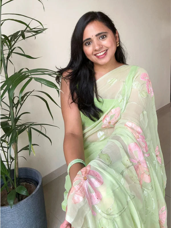 Mrunal - Hand Painted Pre-Pleated Chiffon Saree