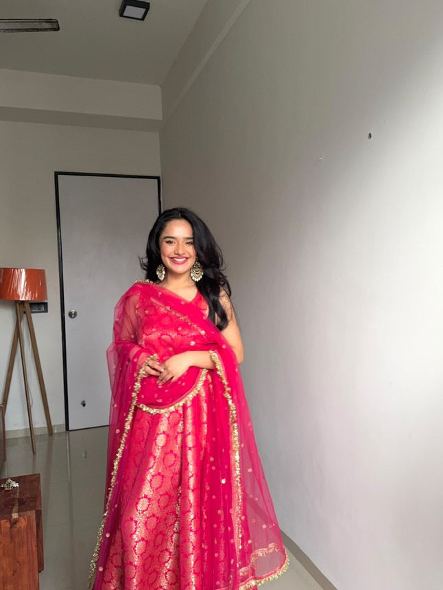 Mannat Red Brocade Golden Weave Anarkali Suit Set