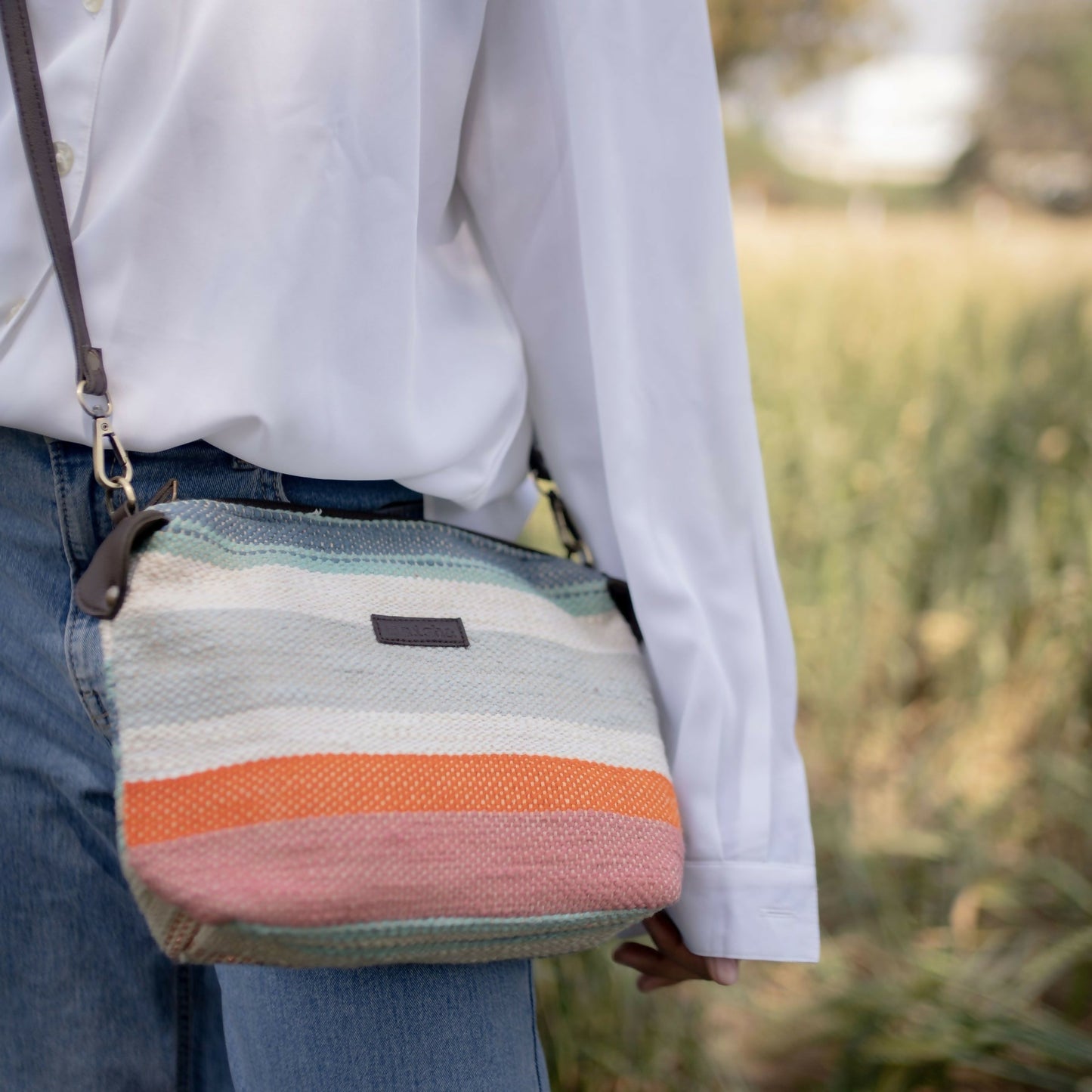 Peach Multicolor Stripes Pouch Cum Sling Bag