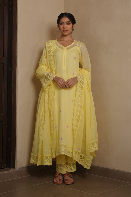 Poppy Yellow Doriya Floral Embroidery Suit Set