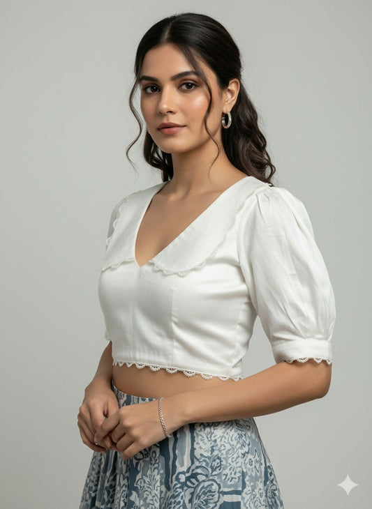 Vintage White Satin V-neck Blouse with Peter Pan Collar & Puff Sleeves