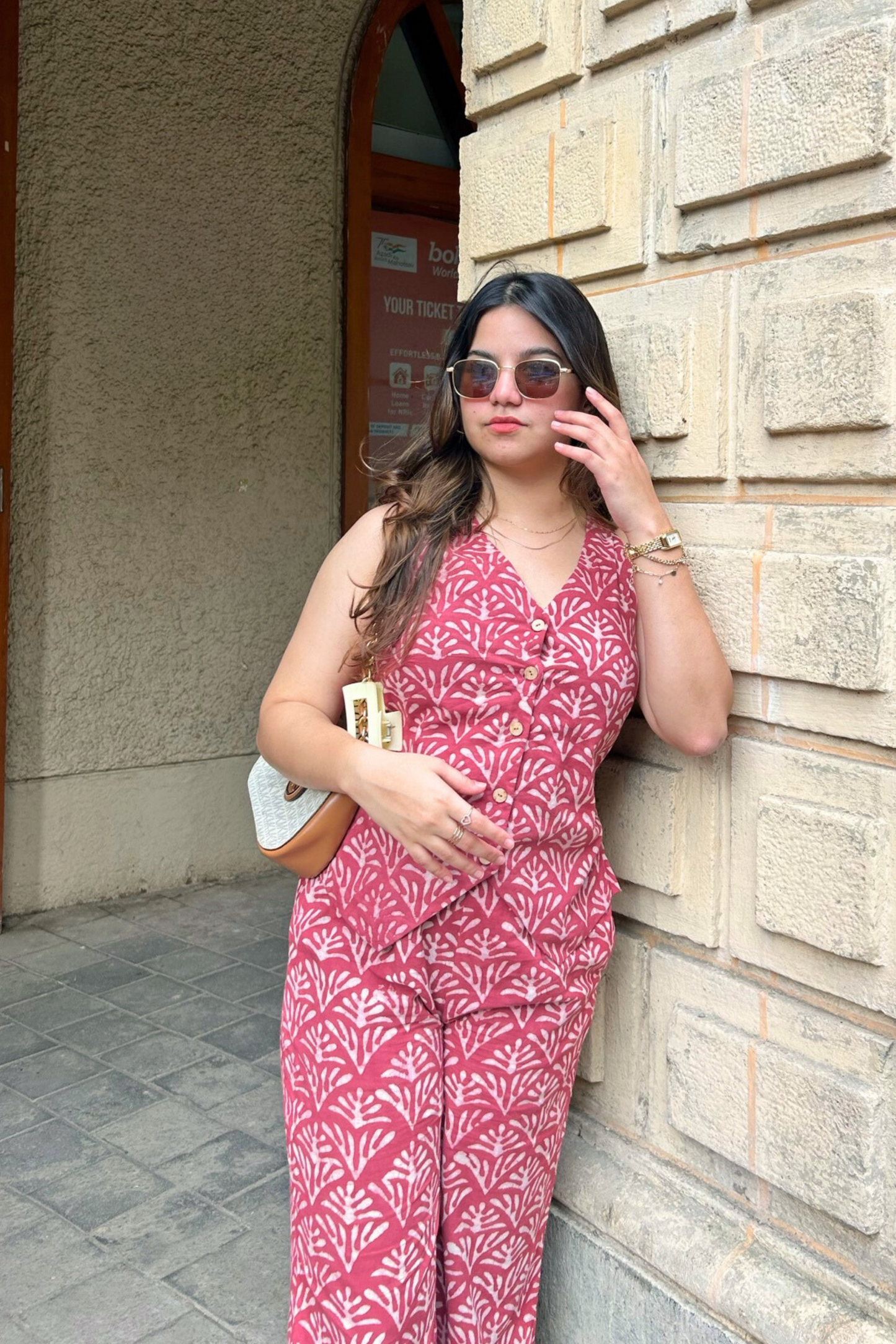 Geometric Hand-Block Printed Maroon Vest & Pant Set