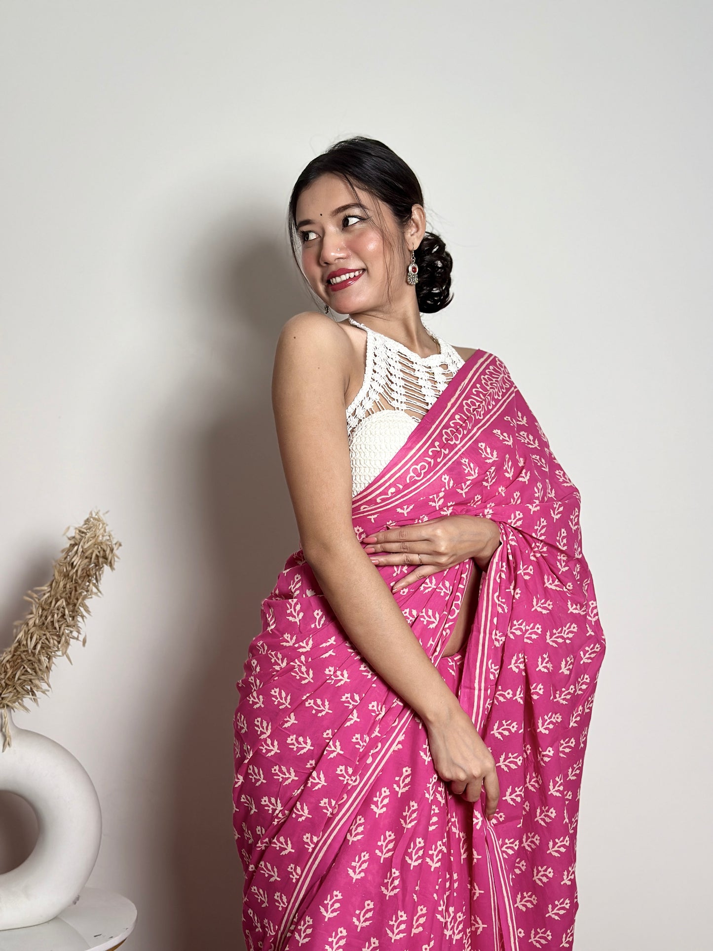 Candy Pink Poppins Handblocked Mul - Cotton Saree