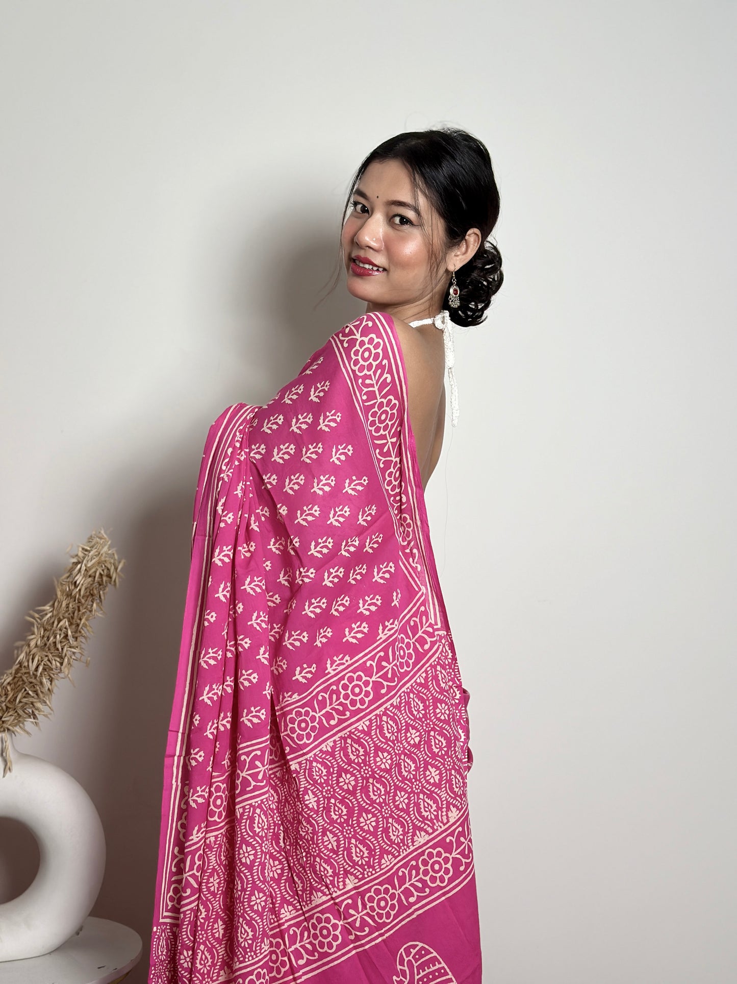 Candy Pink Poppins Handblocked Mul - Cotton Saree