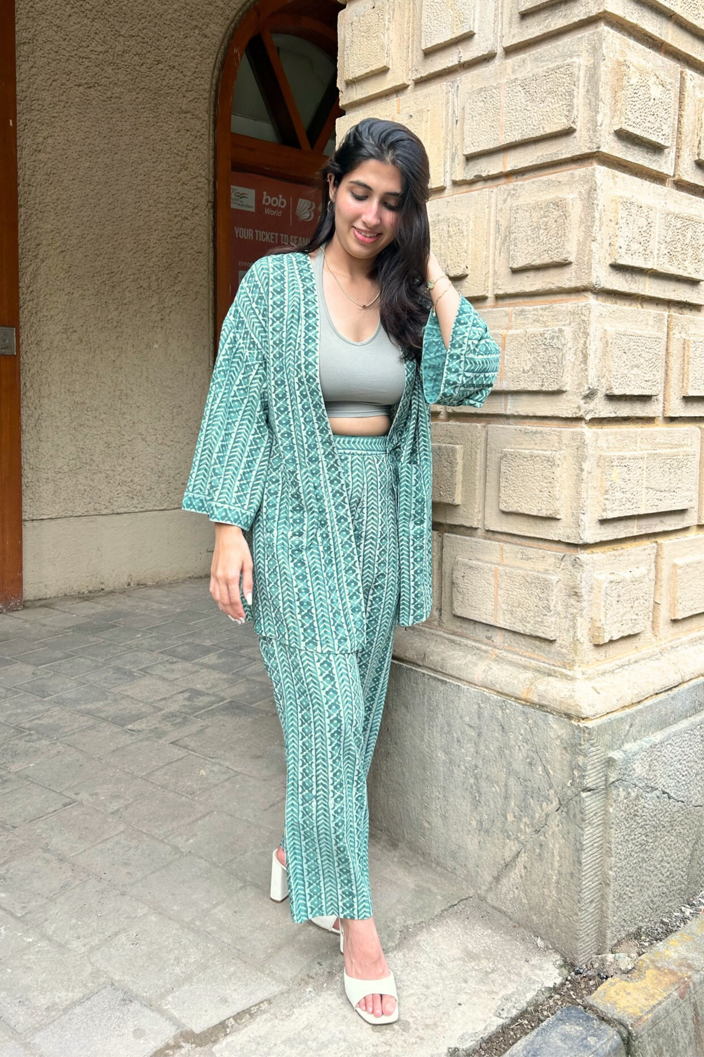 Geometric Earthy Green Hand-Block Shrug and Pant Set
