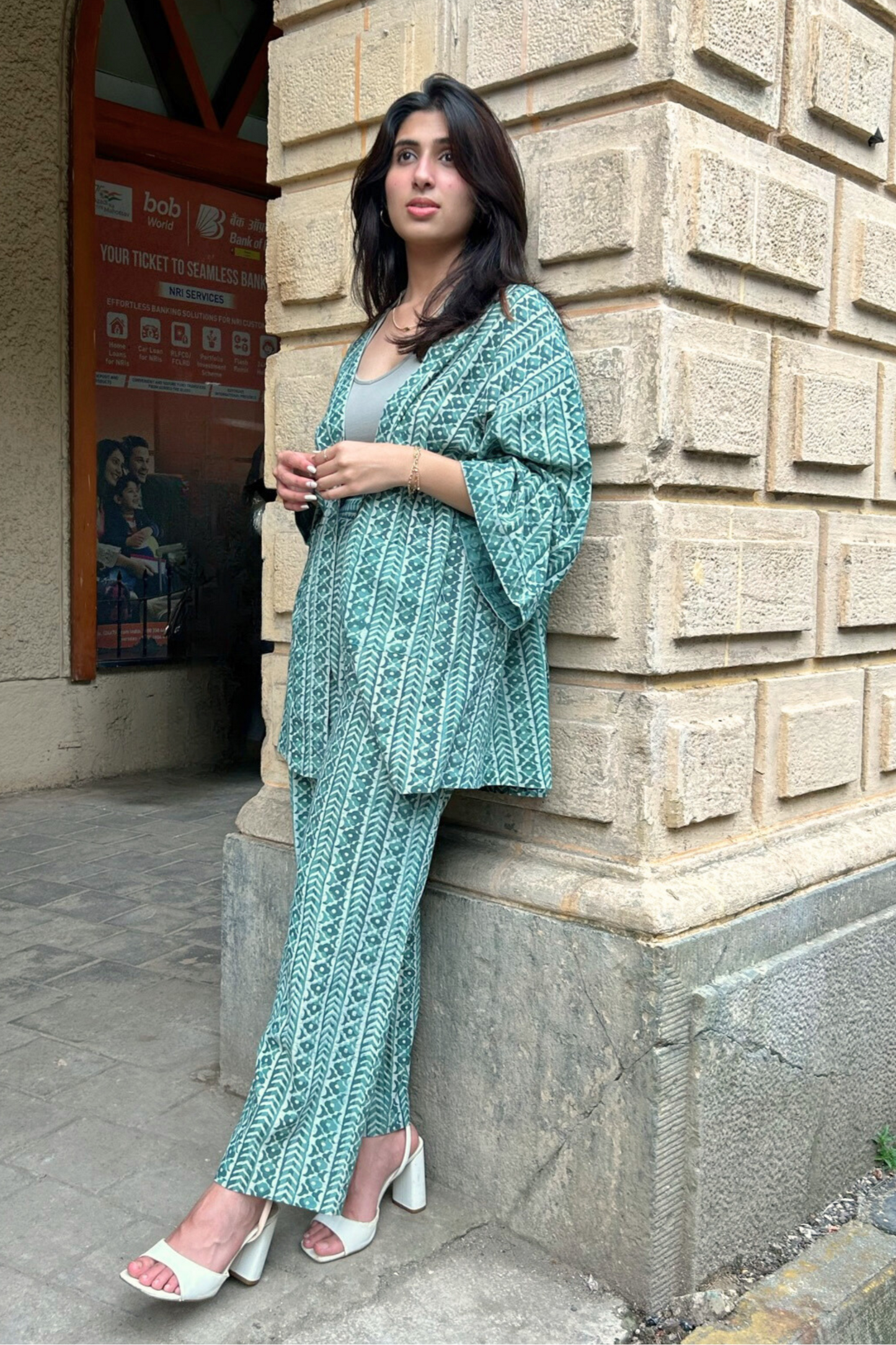 Geometric Earthy Green Hand-Block Shrug and Pant Set