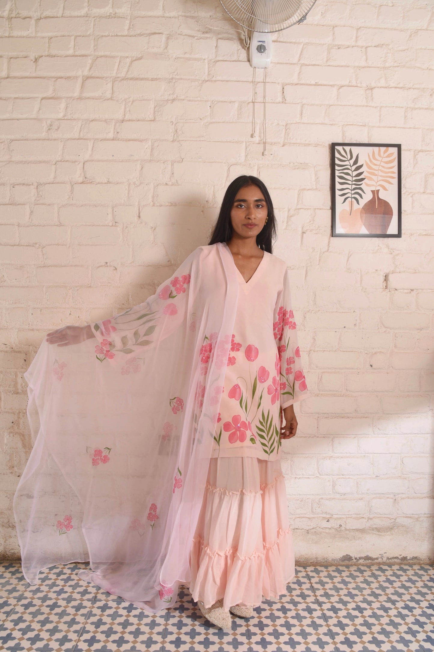 Handpainted Kyari Georgette Sharara Set in Blush