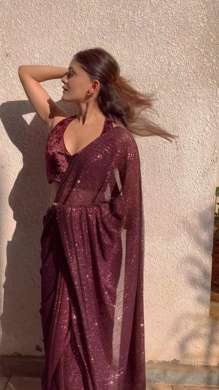 Crushed Sequin Saree - Wine