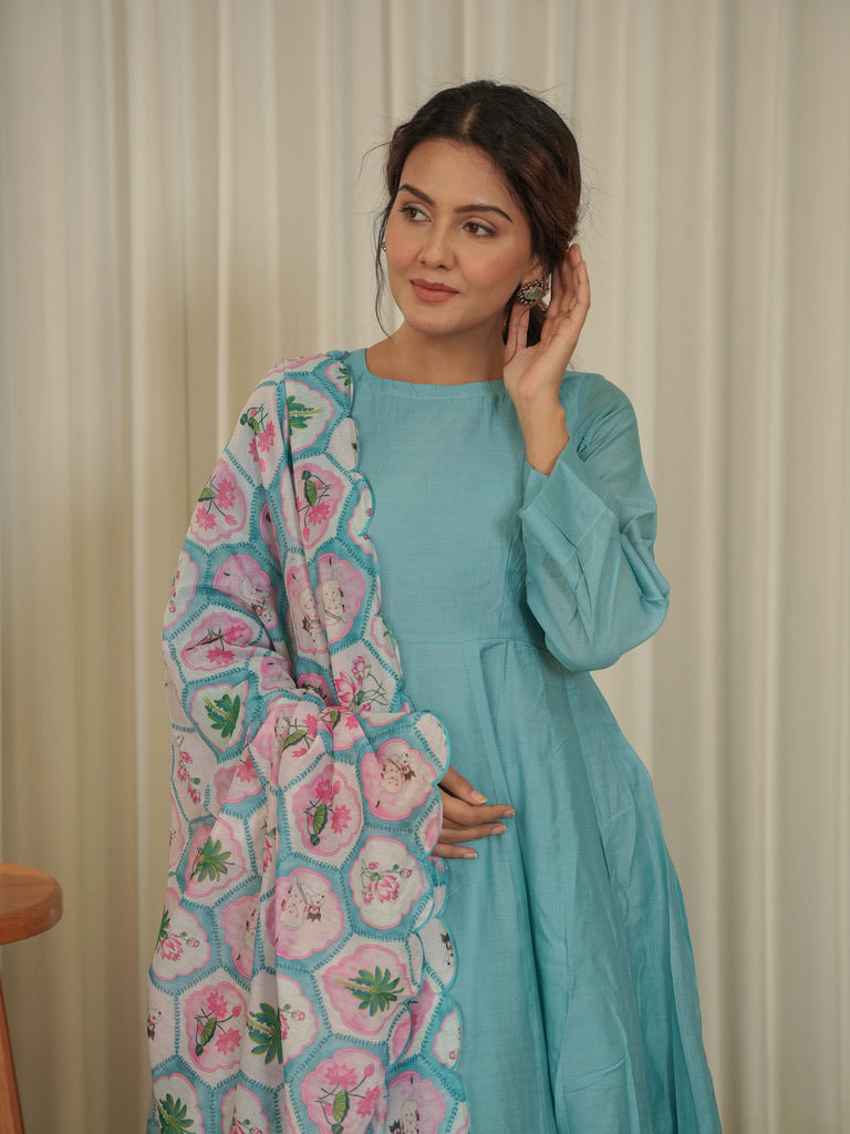 Jaana Pink Chanderi Anarkali Suit with Aari Embroidery & Digital Print Floral Jaal Dupatta