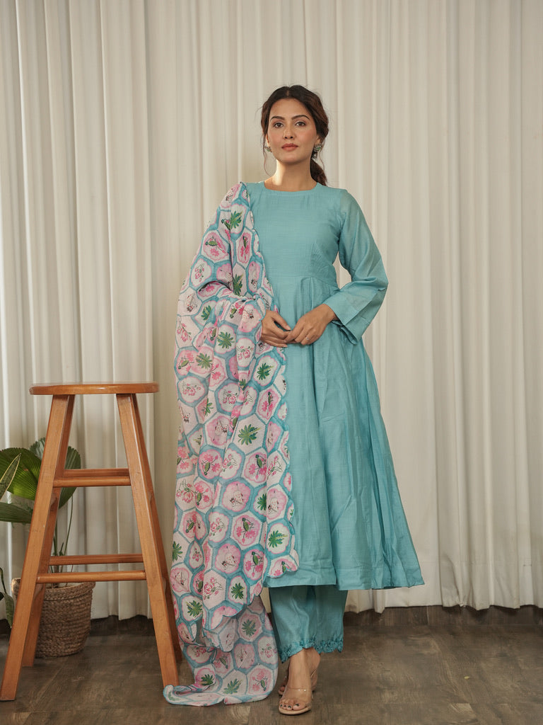 Jaana Pink Chanderi Anarkali Suit with Aari Embroidery & Digital Print Floral Jaal Dupatta