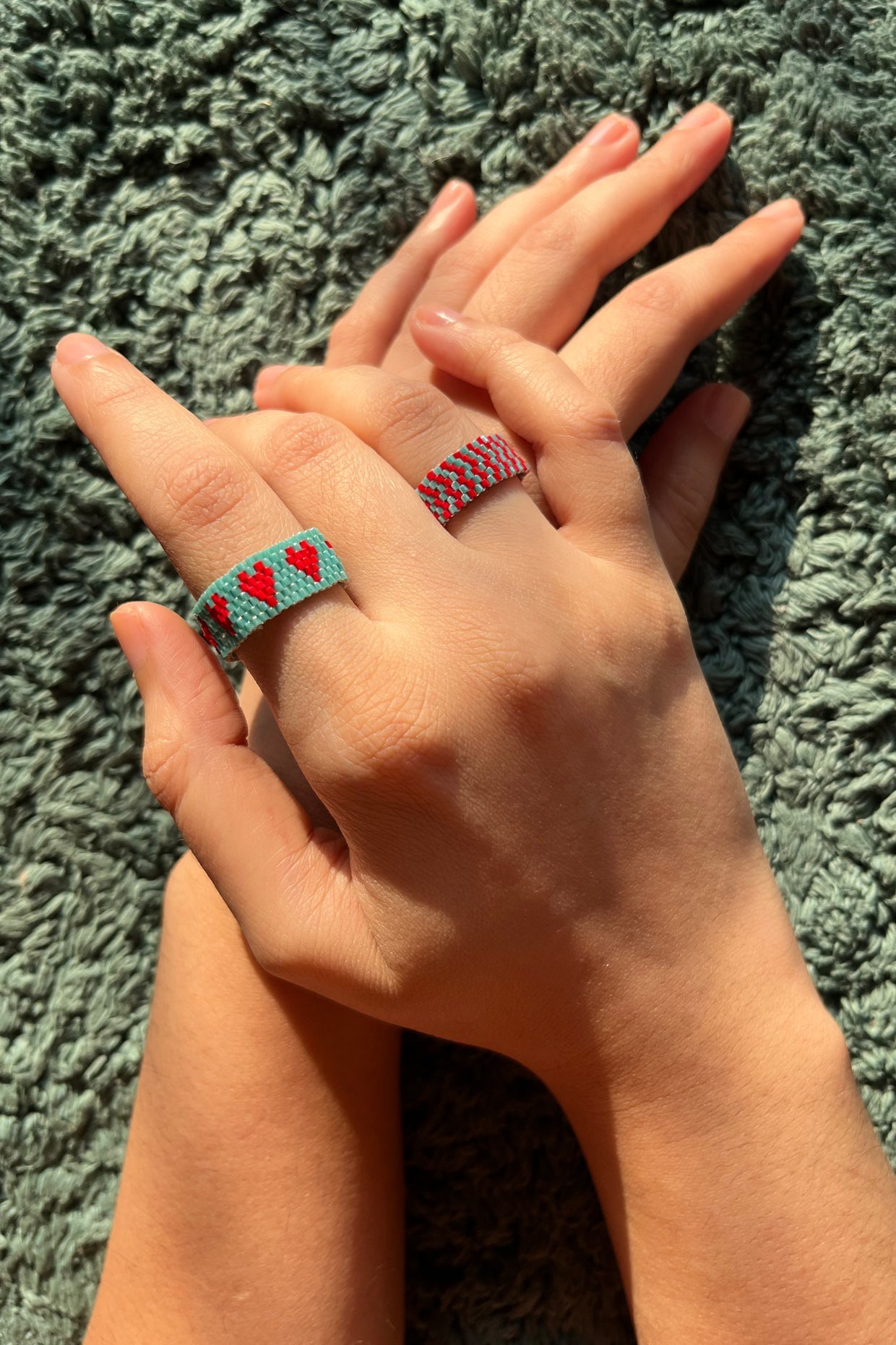 Red-Blue Heart Beaded Ring