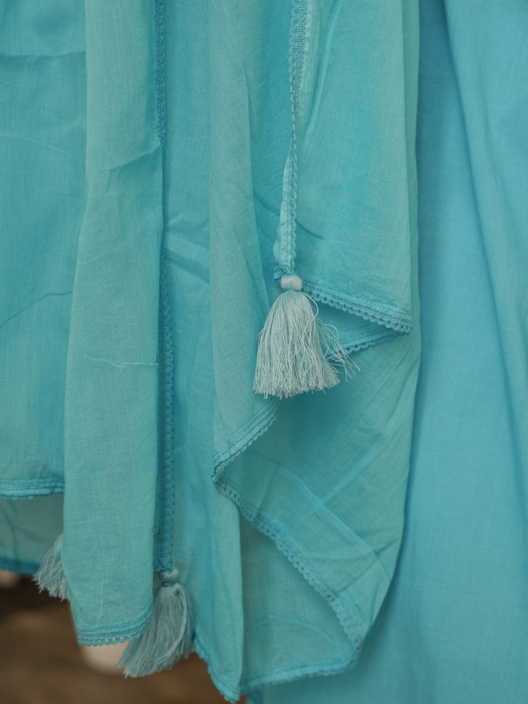Solid Cotton Suit Set with Handmade Tassels