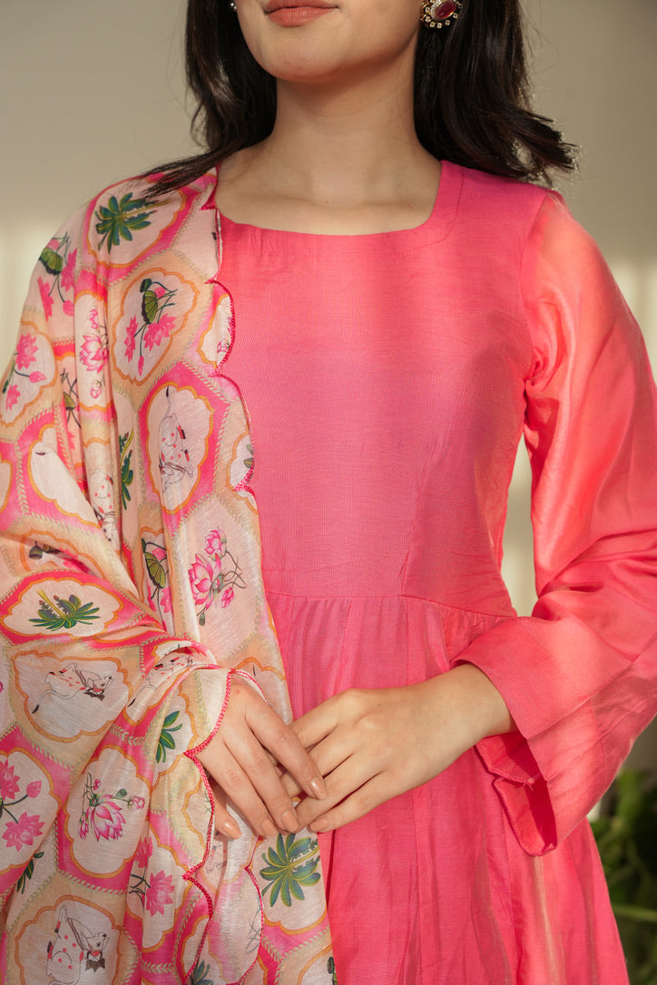 Jaana Pink Chanderi Anarkali Suit with Aari Embroidery & Digital Print Floral Jaal Dupatta