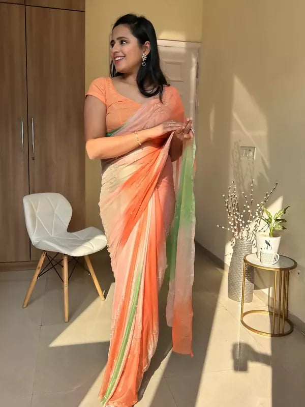 Rani Tri Color Chiffon Pre Pleated Saree