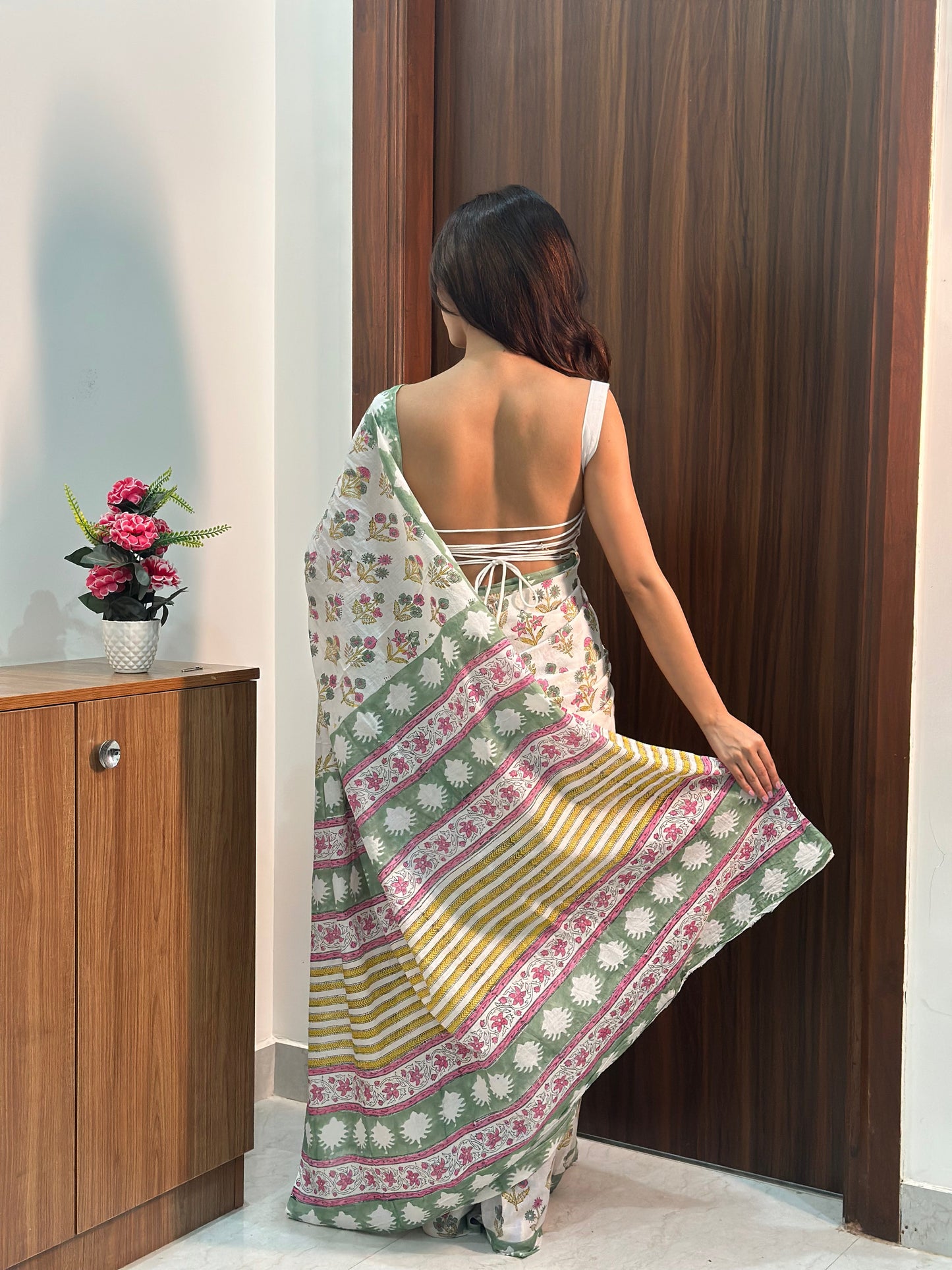 Call Me Love Multicolor Floral Handblock Printed Cotton Mulmul Saree