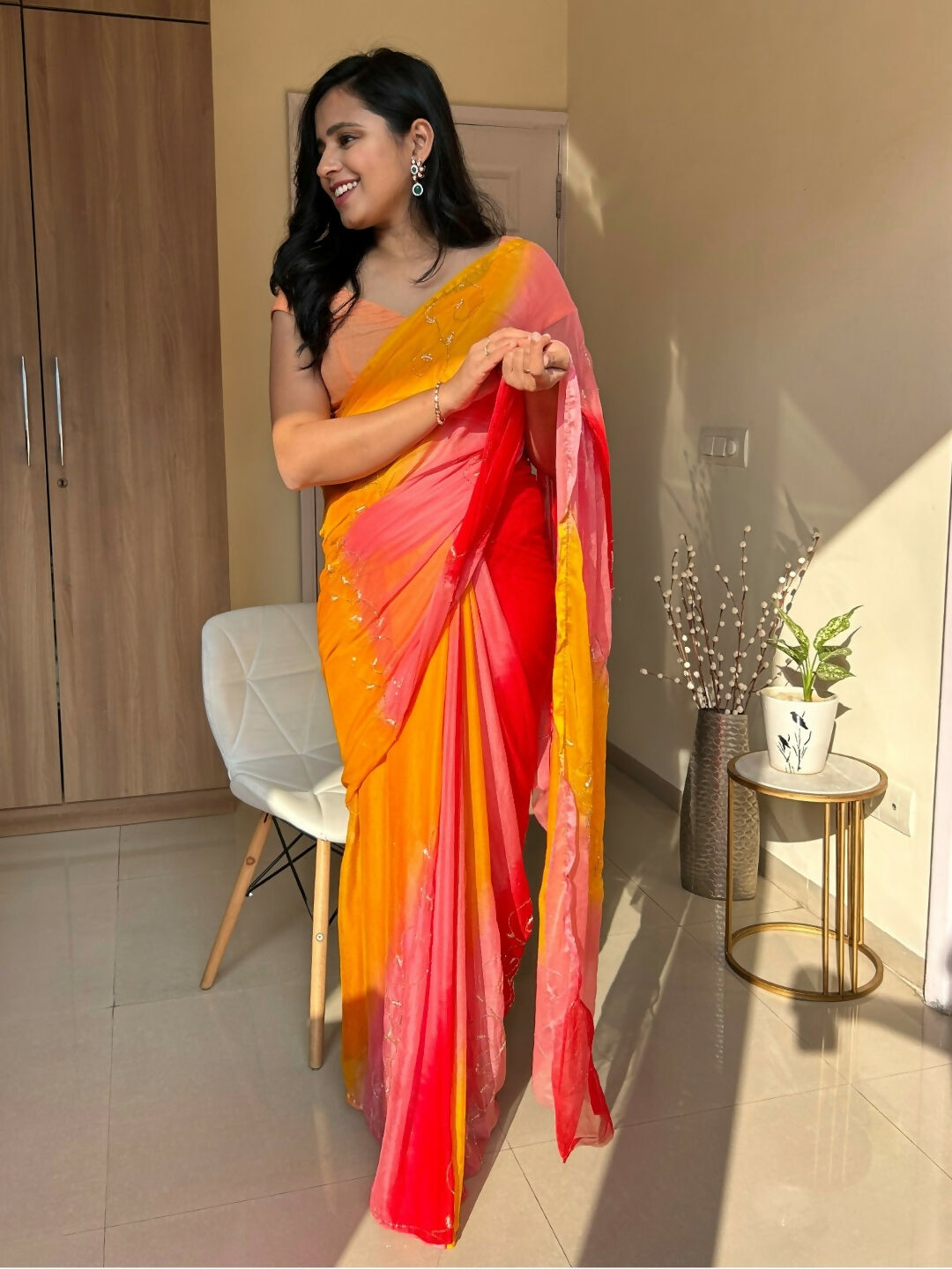 Rani Tri Color Chiffon Pre Pleated Saree
