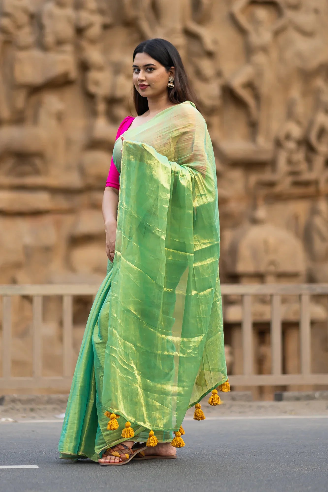 Metallic Zari tissue Saree With Handmade Tassels
