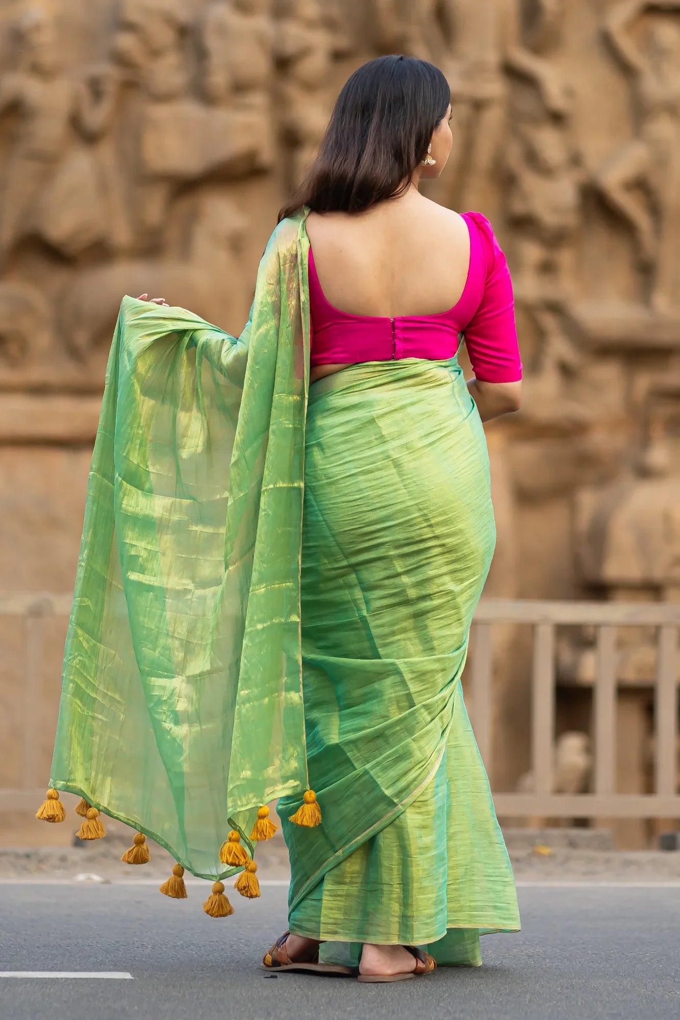 Metallic Zari tissue Saree With Handmade Tassels