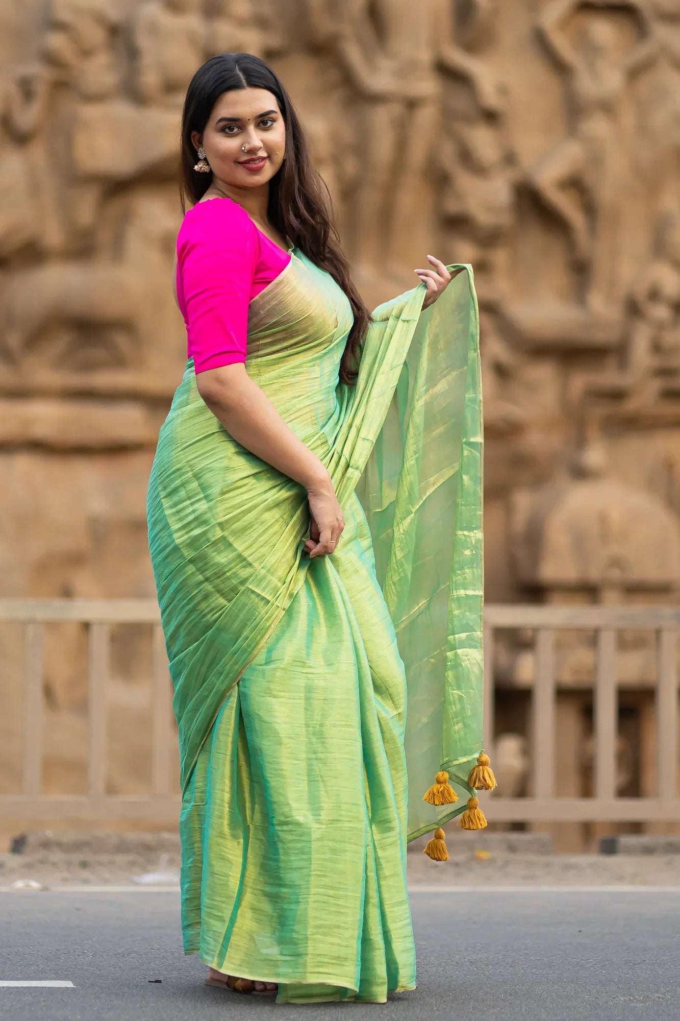 Metallic Zari tissue Saree With Handmade Tassels