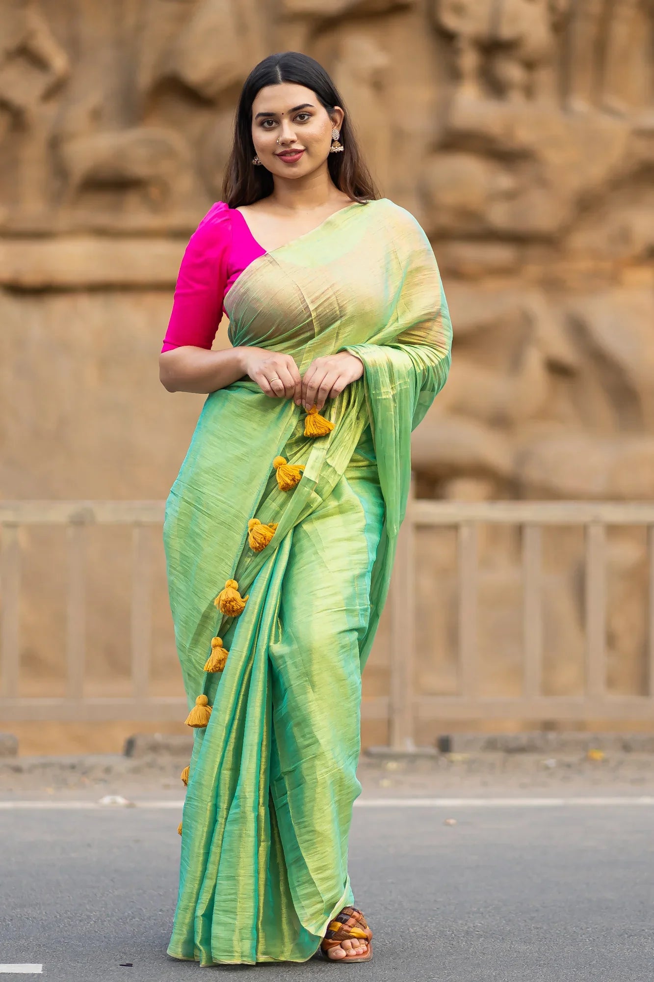 Metallic Zari tissue Saree With Handmade Tassels