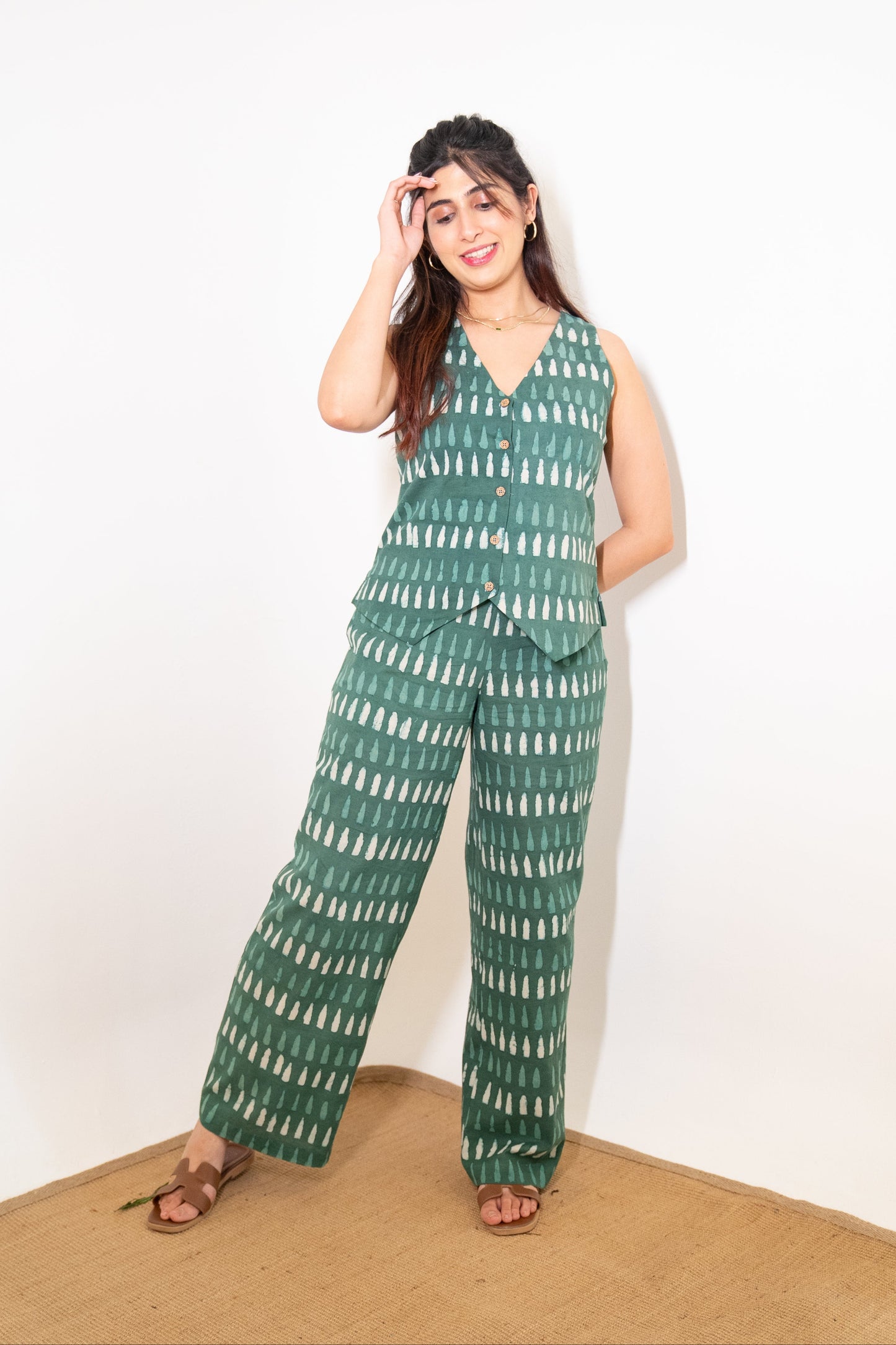 Green Vest and Pant Cotton Hand-Block Set