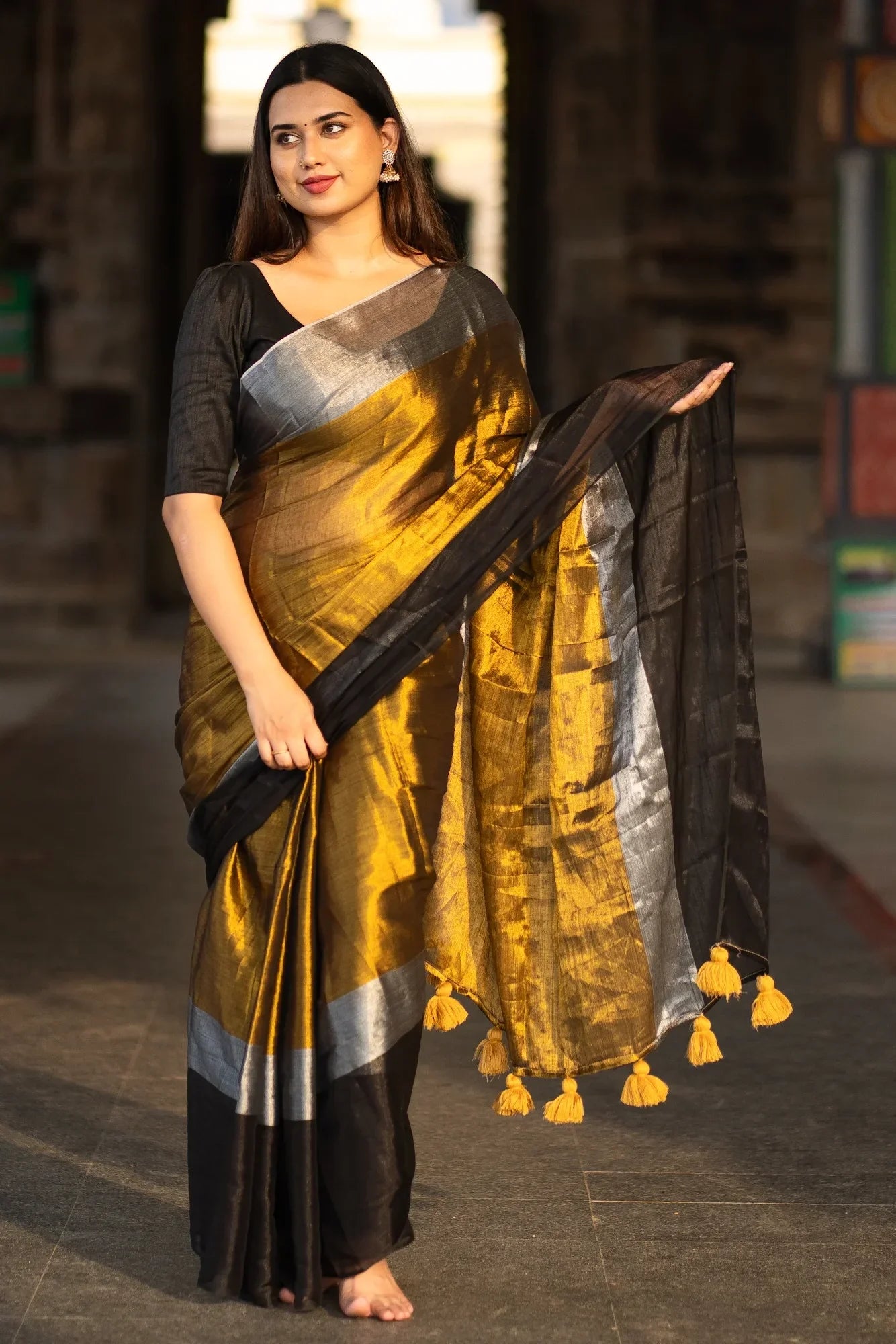 Metallic Zari tissue Saree With Handmade Tassels