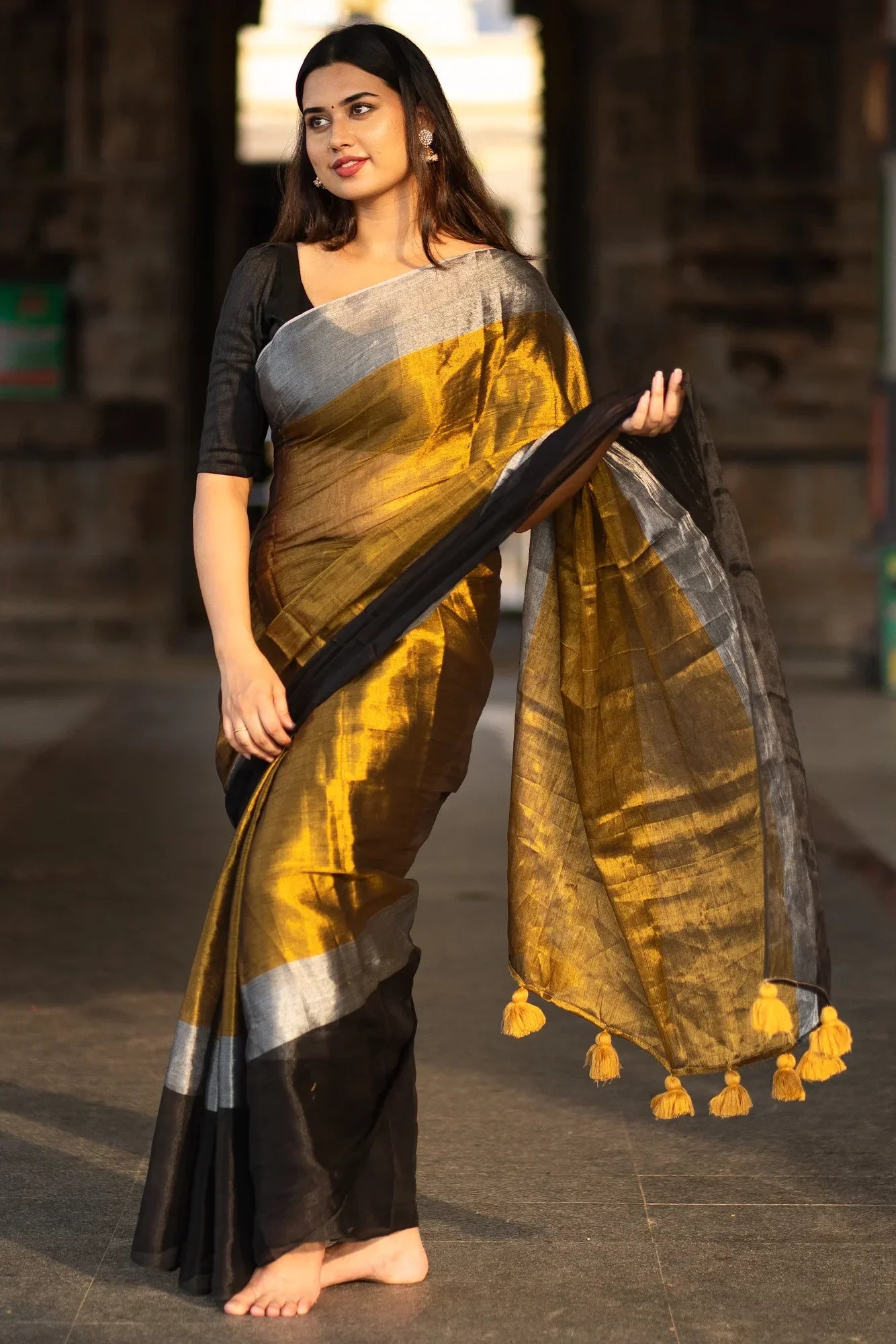 Metallic Zari tissue Saree With Handmade Tassels