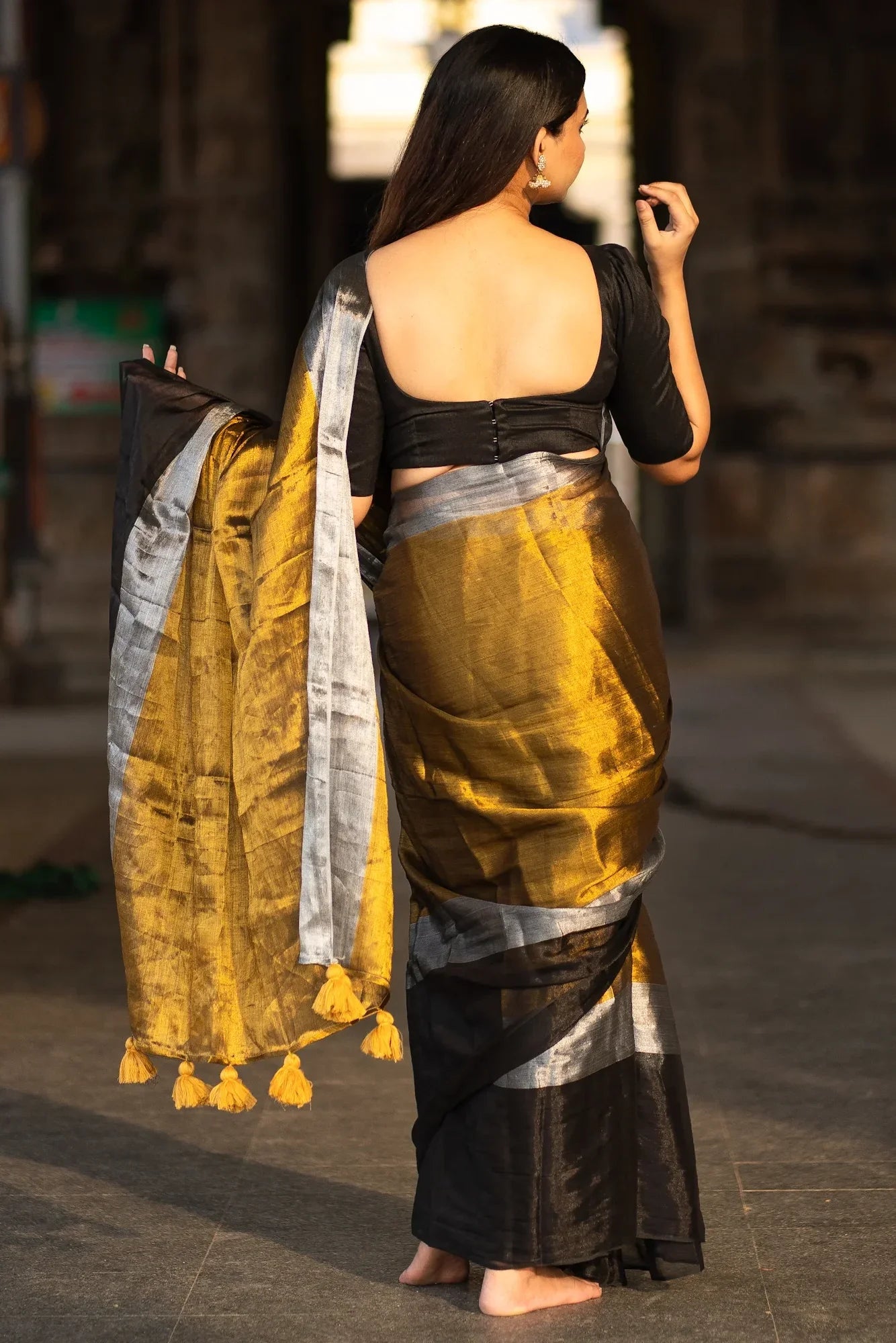 Metallic Zari tissue Saree With Handmade Tassels