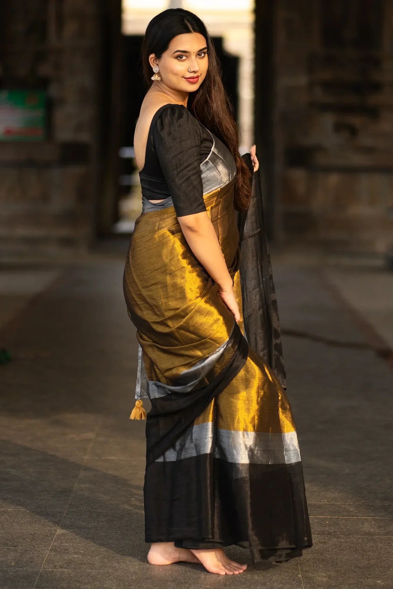 Metallic Zari tissue Saree With Handmade Tassels