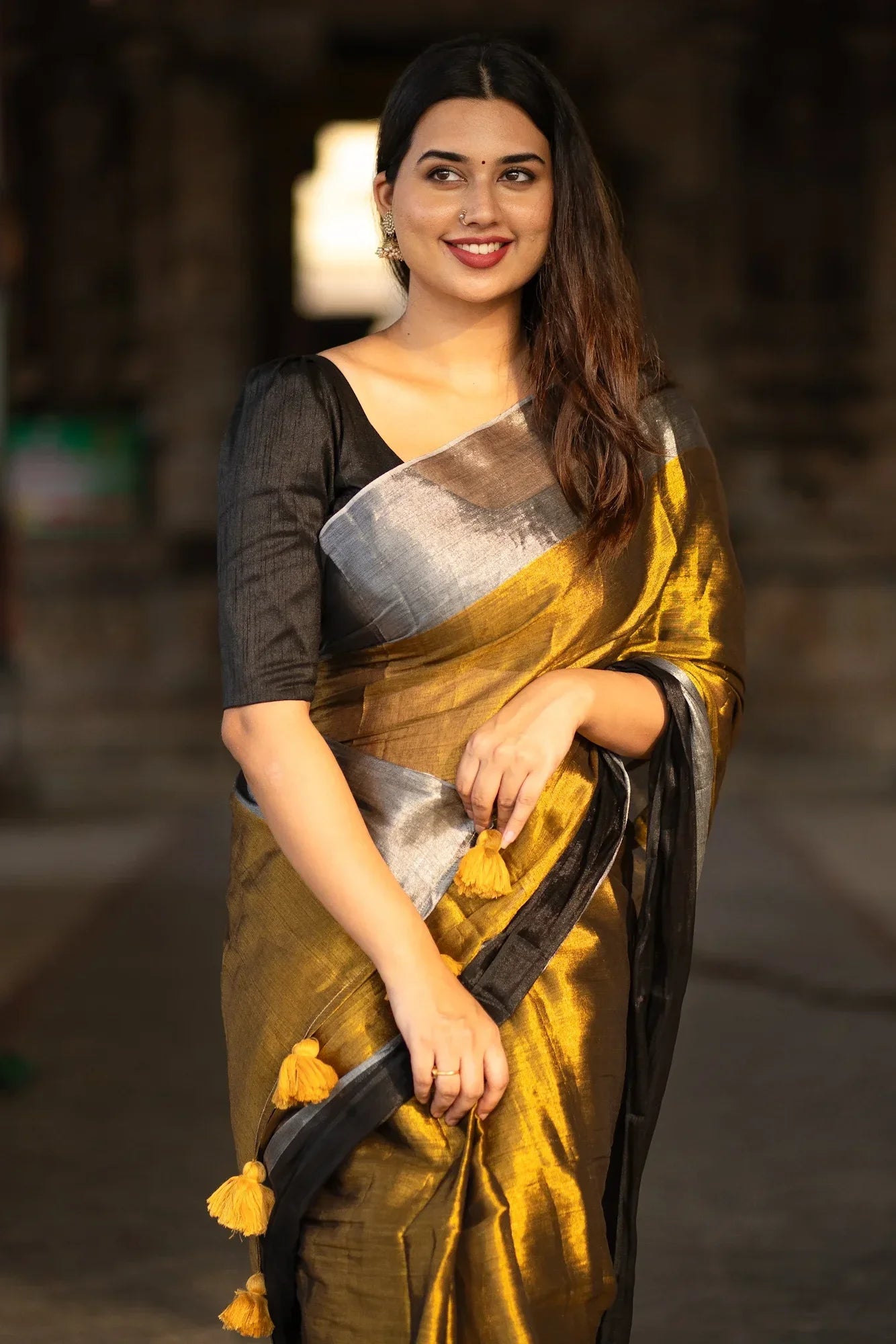 Metallic Zari tissue Saree With Handmade Tassels