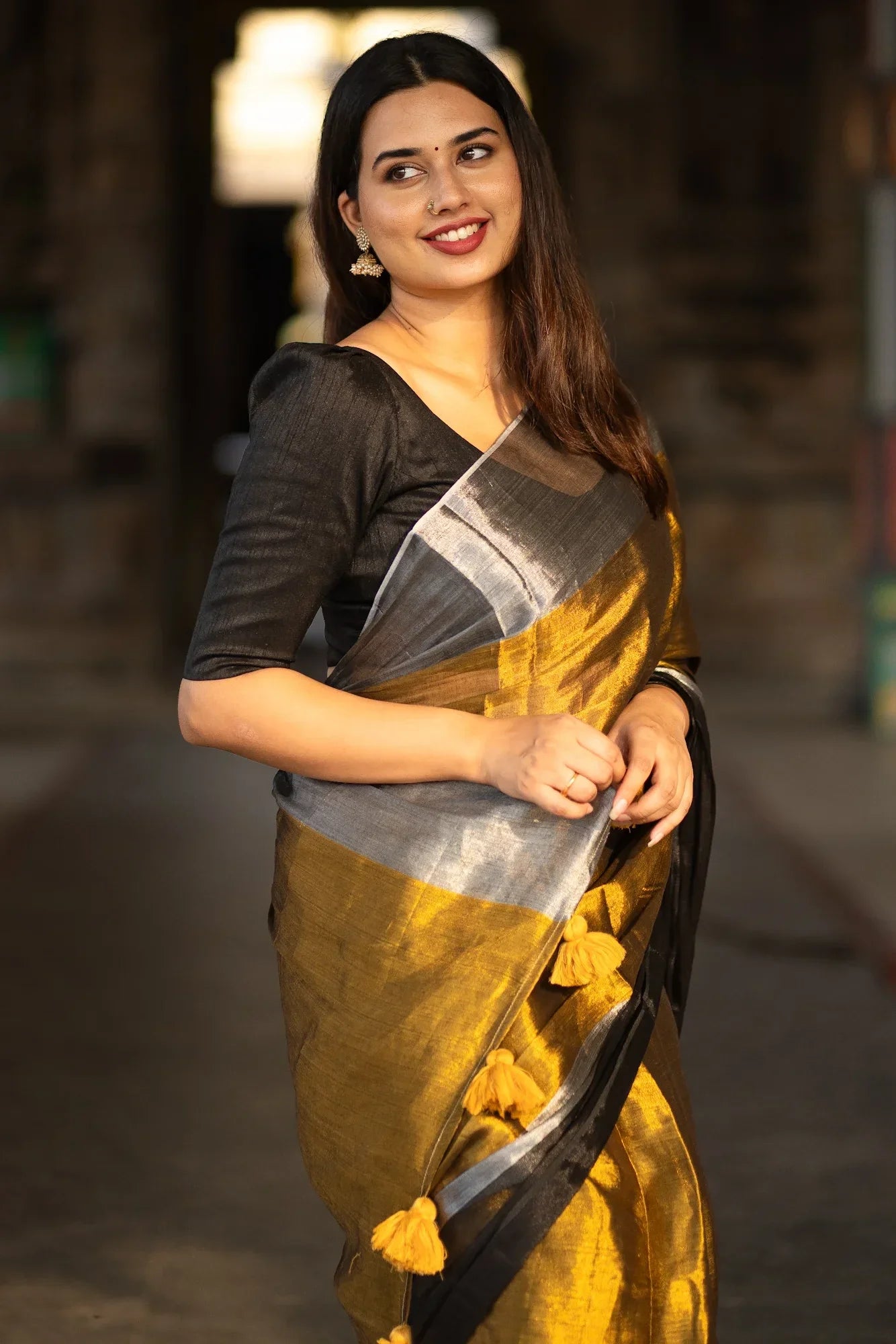 Metallic Zari tissue Saree With Handmade Tassels