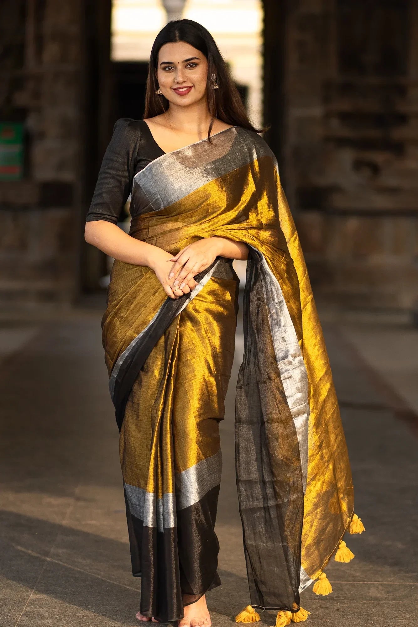 Metallic Zari tissue Saree With Handmade Tassels