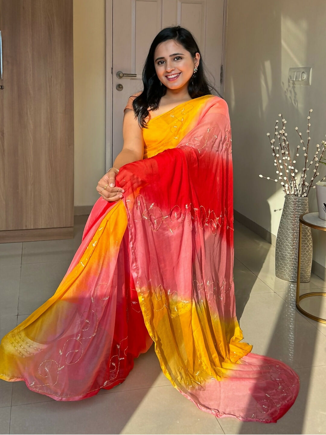 Rani Tri Color Chiffon Pre Pleated Saree