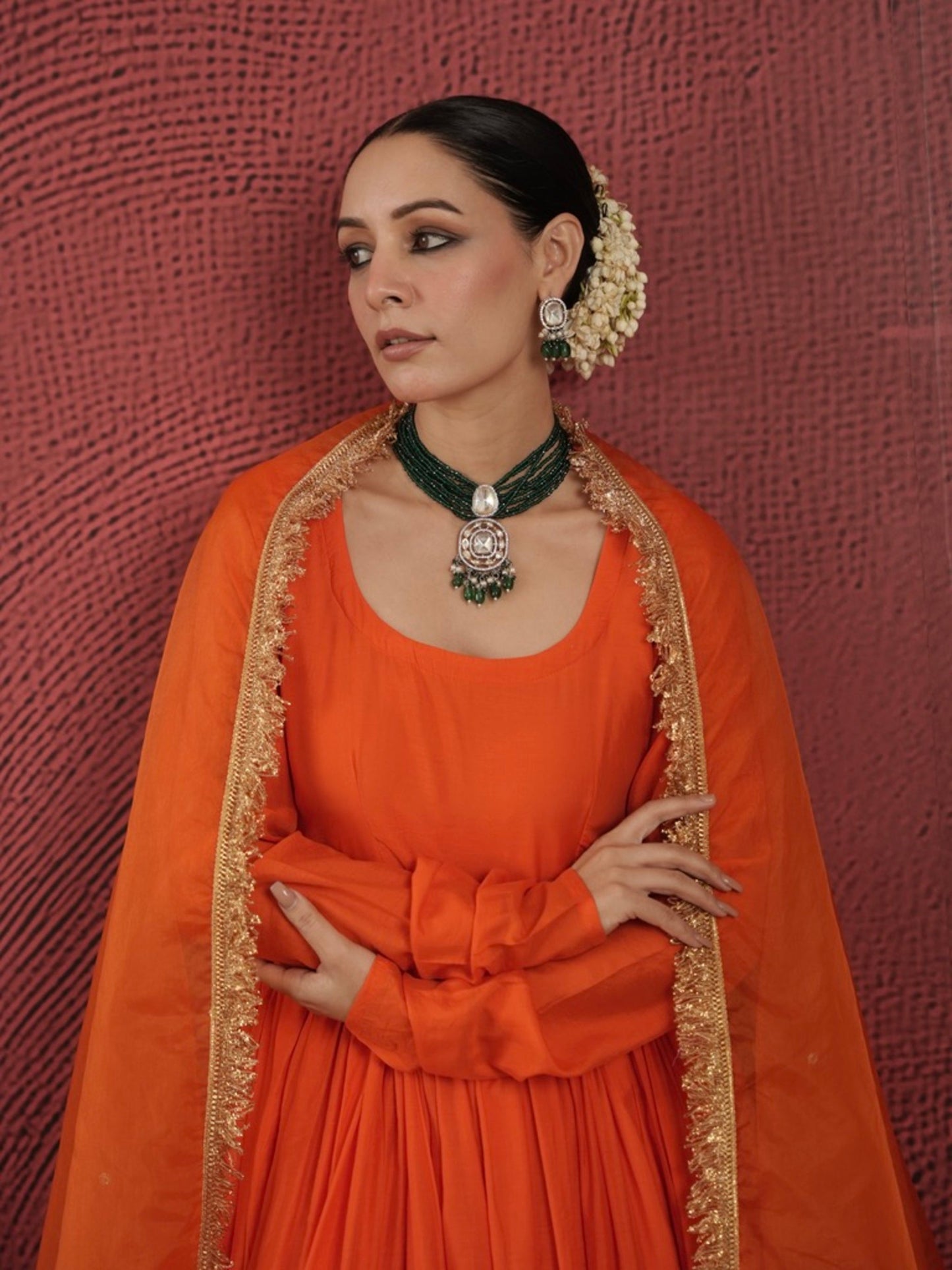 Chaand Orange Chanderi Aariwork Anarkali Suit Set