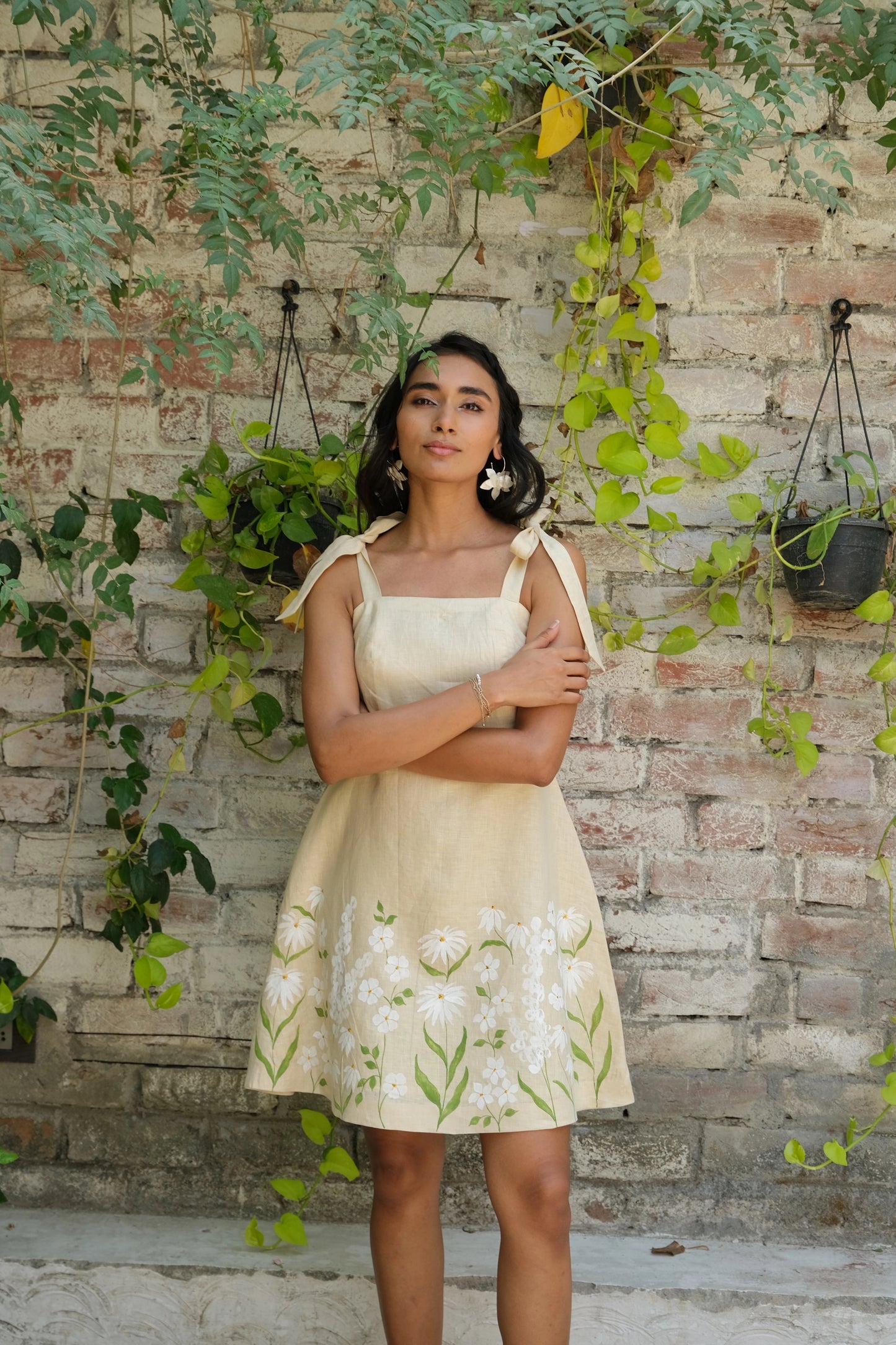Gardenia Hand-painted Linen A-line Dress in Beige