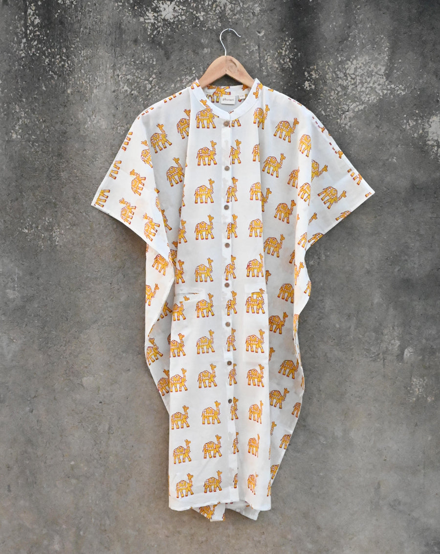 Marching Camel Hand Block Printed Cotton Midi Kaftan Shirt