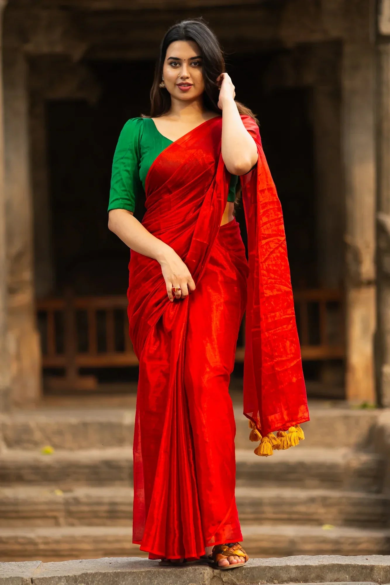 Metallic Zari tissue Saree With Handmade Tassels
