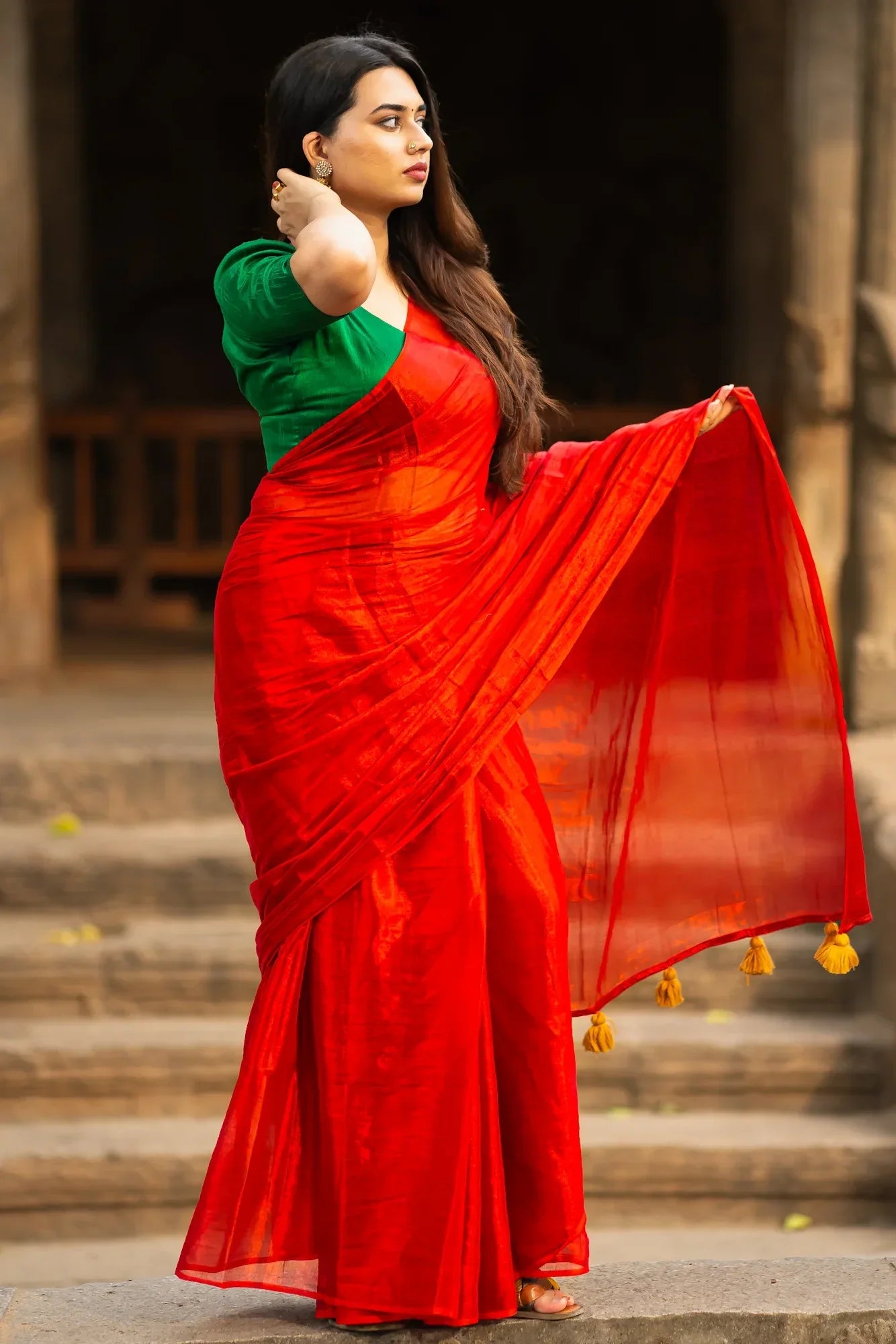 Metallic Zari tissue Saree With Handmade Tassels