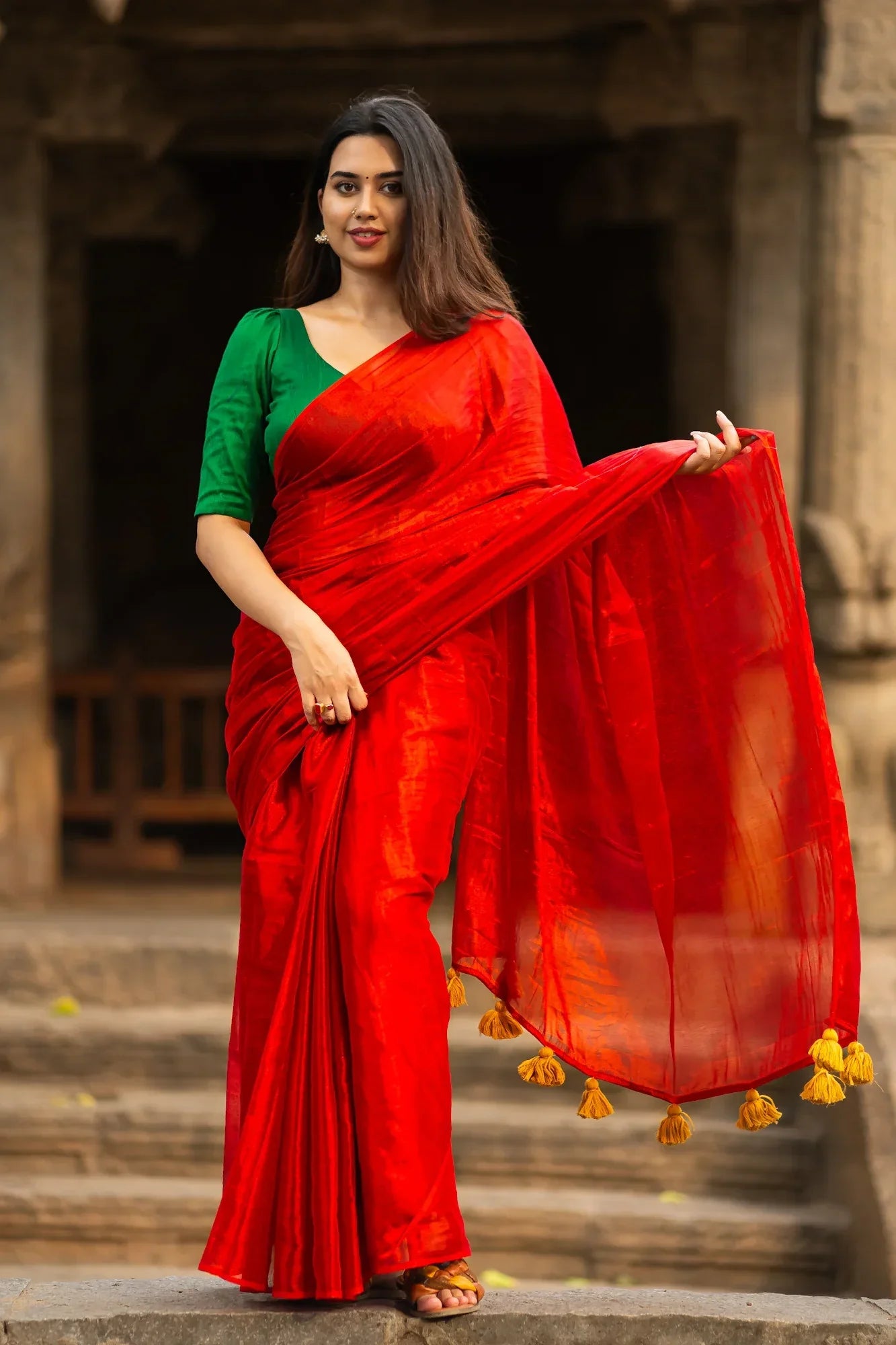 Metallic Zari tissue Saree With Handmade Tassels