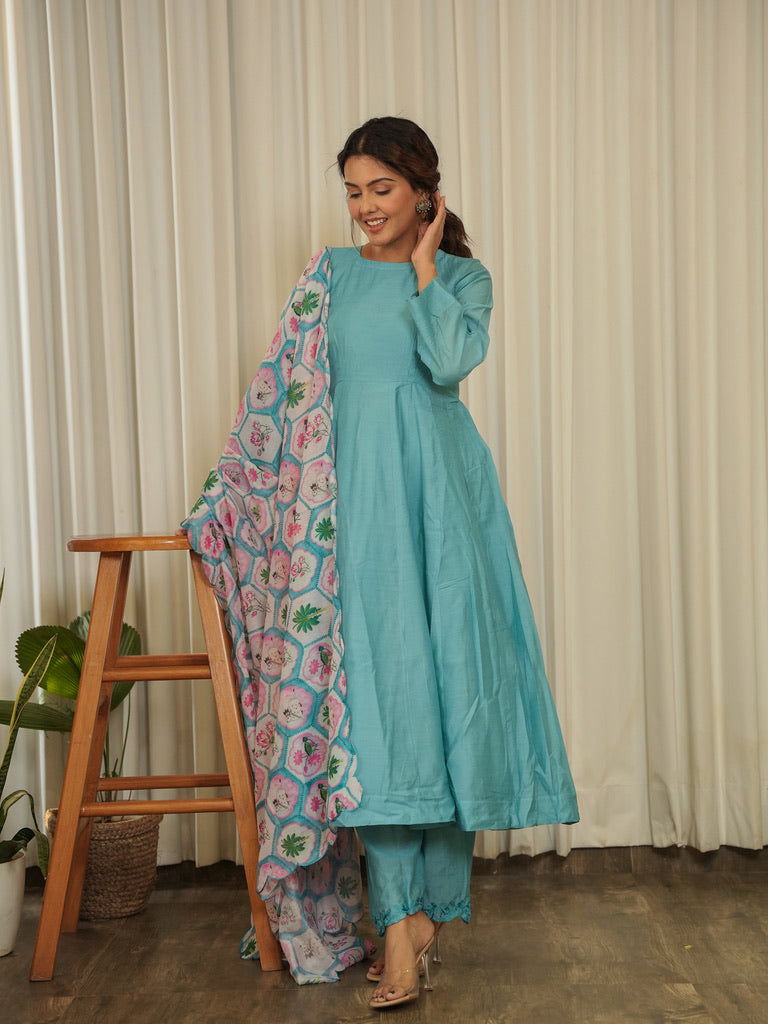 Jaana Pink Chanderi Anarkali Suit with Aari Embroidery & Digital Print Floral Jaal Dupatta