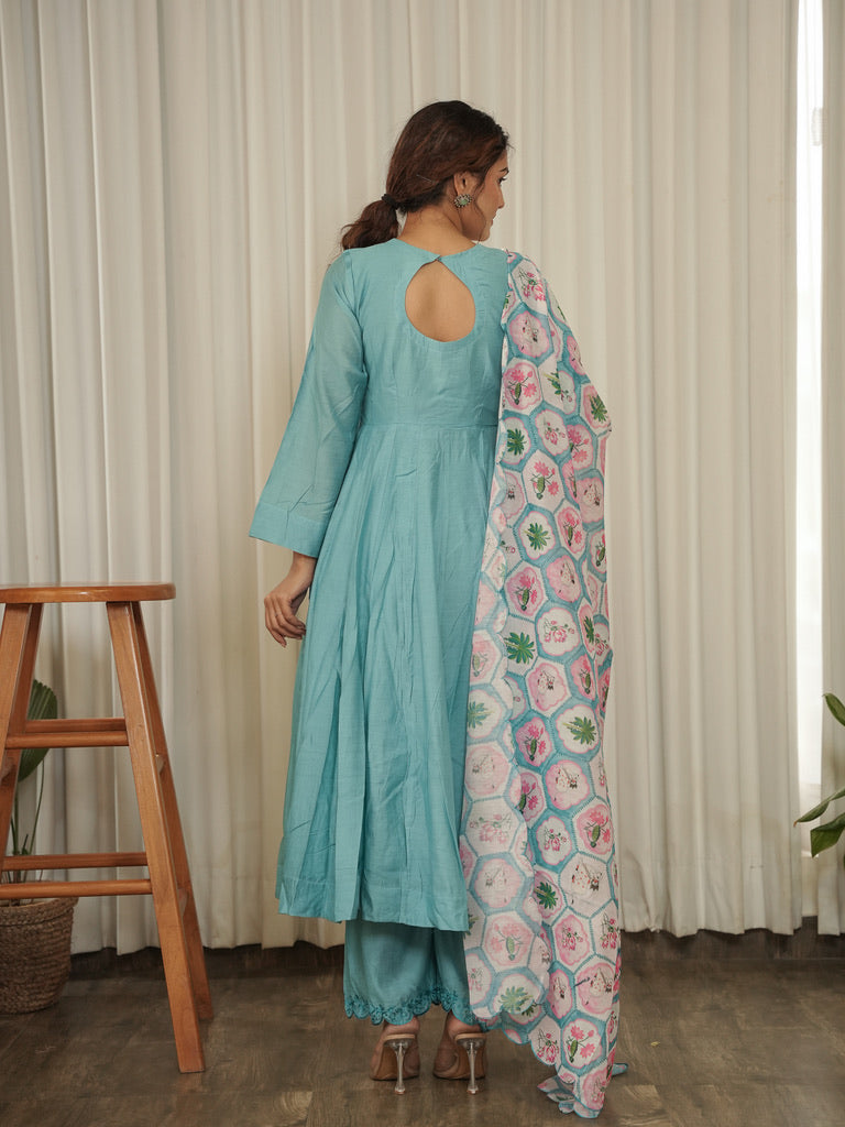 Jaana Pink Chanderi Anarkali Suit with Aari Embroidery & Digital Print Floral Jaal Dupatta