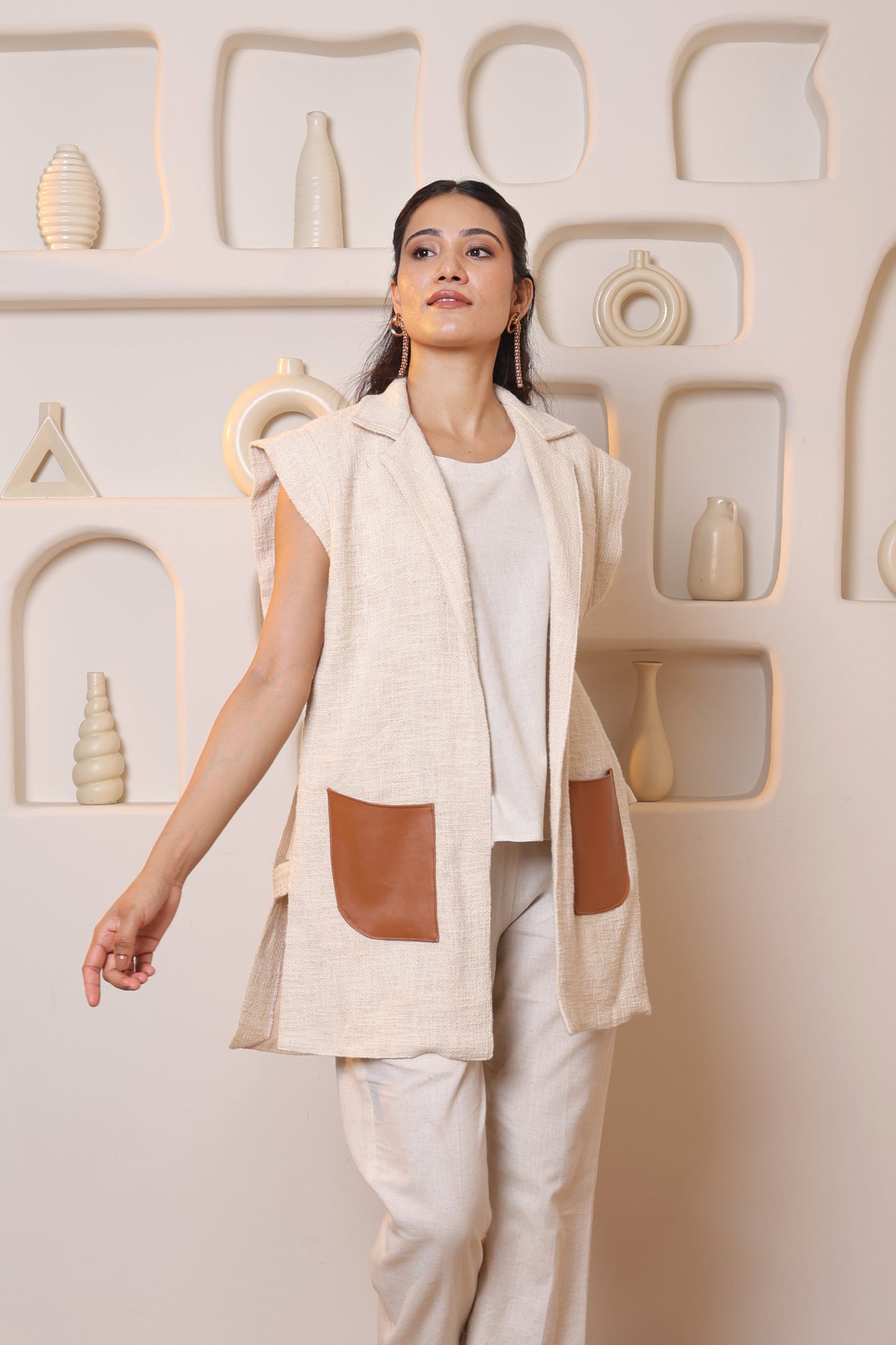 Beige Leather Pocket Shrug Jacket
