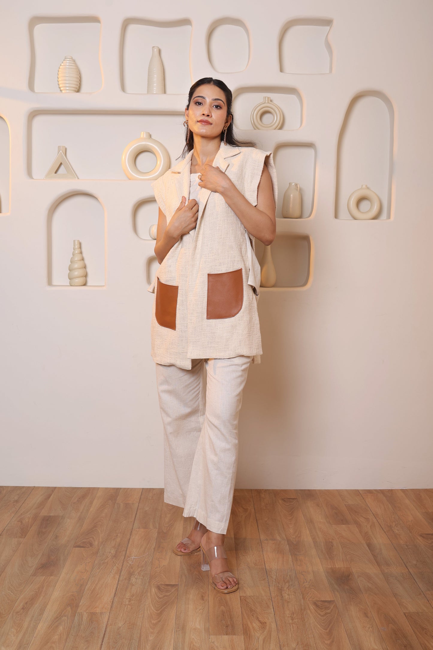 Beige Leather Pocket Shrug Jacket