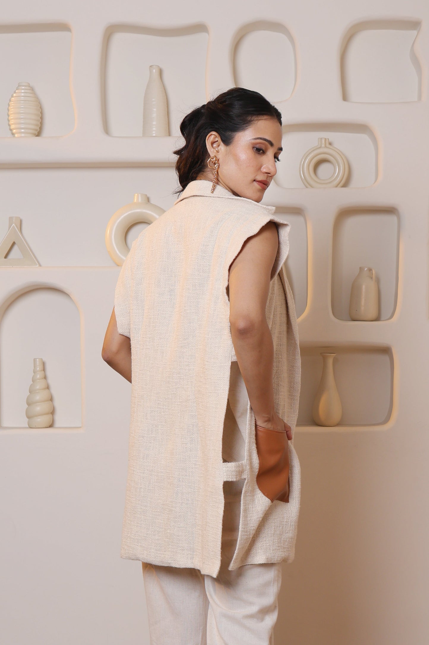 Beige Leather Pocket Shrug Jacket